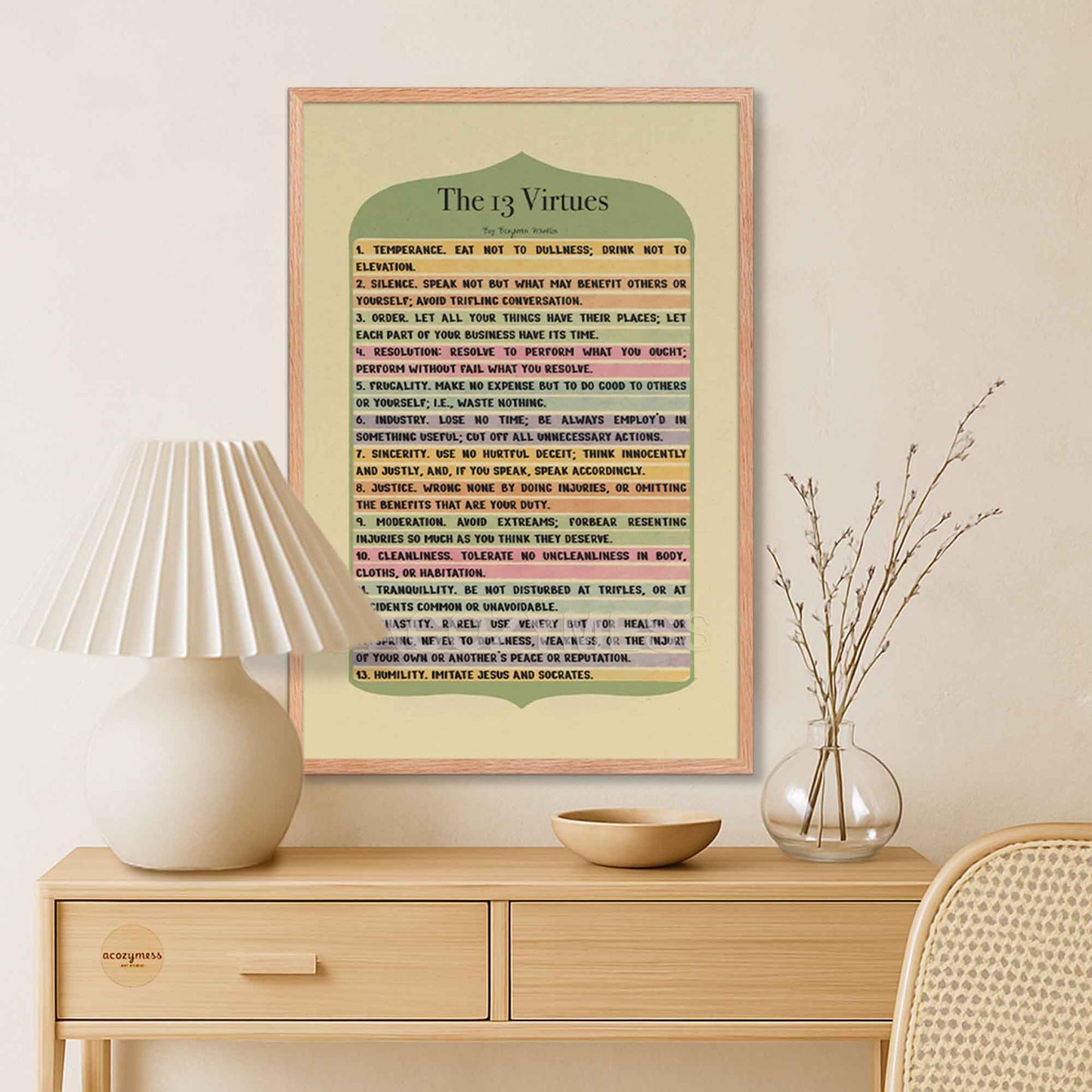 13 Virtues print in oakwood frame.