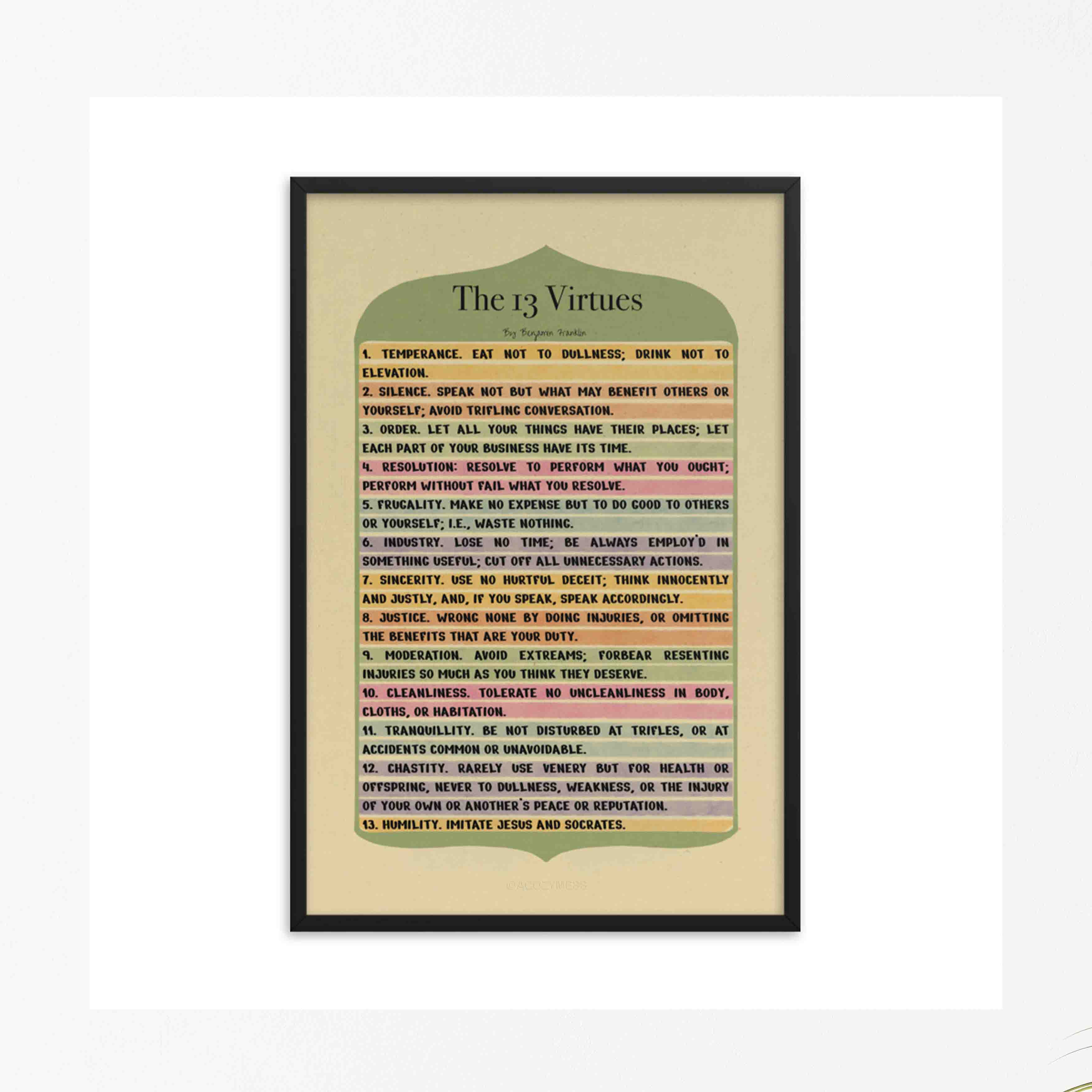 13 Virtues By Benjamin Franklin Poster, Motivational Poster A Cozy Mess