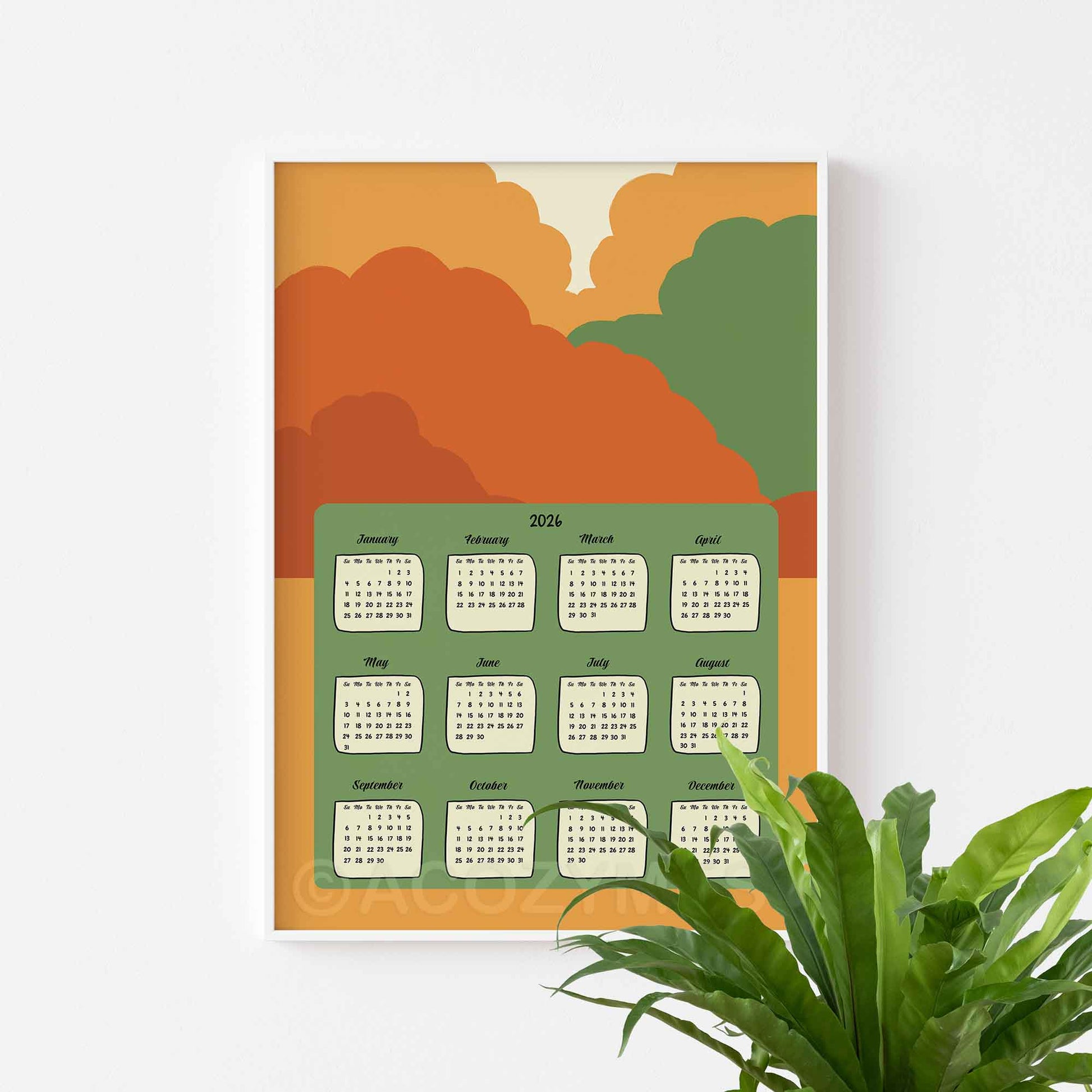 one page Calendar with a colorful abstract design on a white wall.