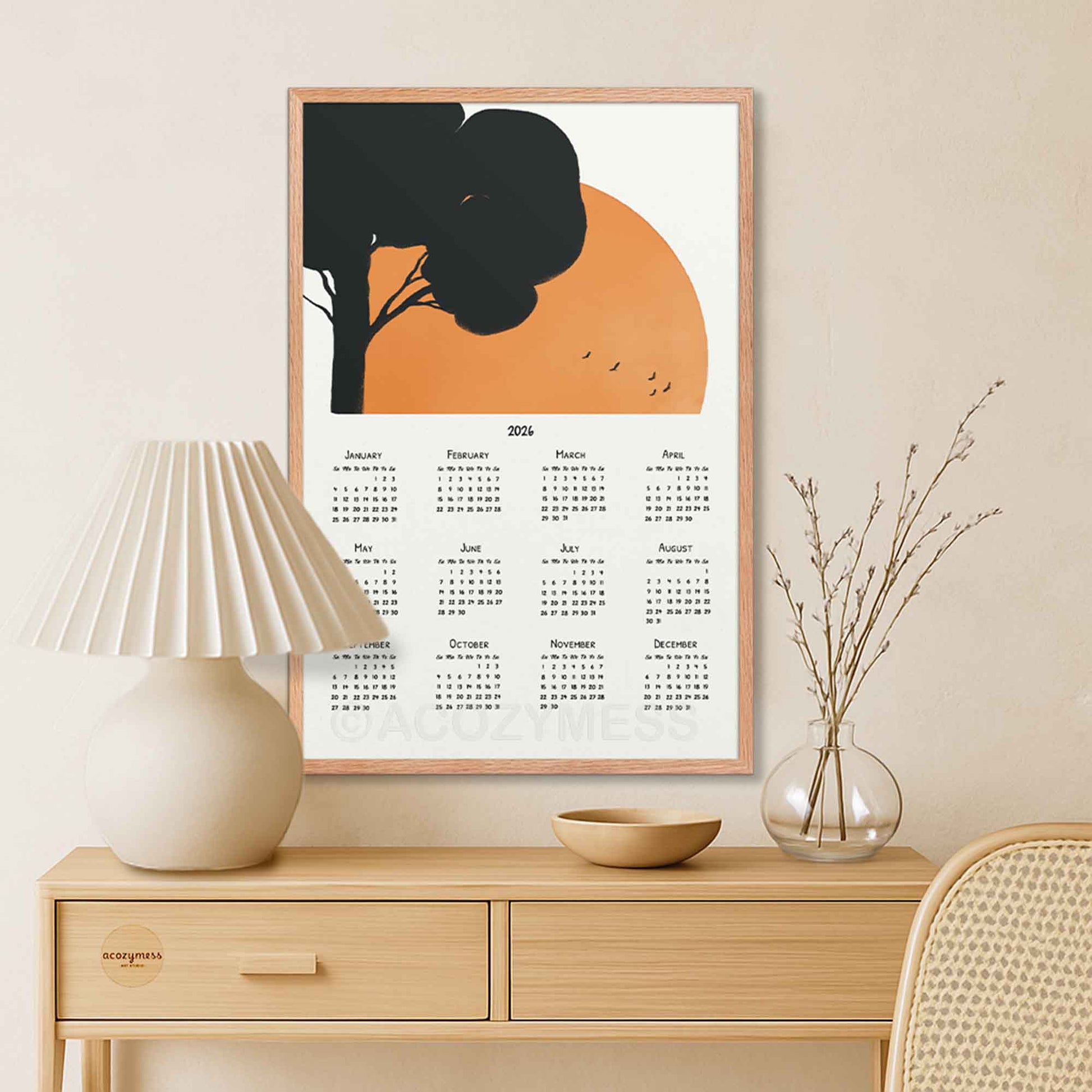 one page 2026 calendar with zen design.