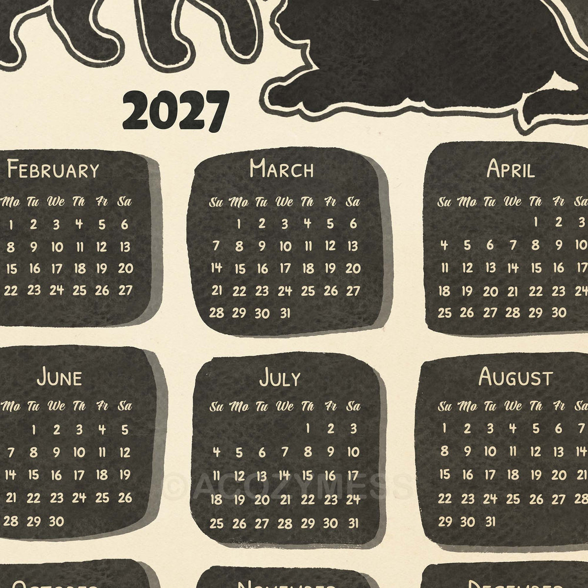 Close-up of the 2027 title, a lounging charcoal cat silhouette and the February to August month tiles