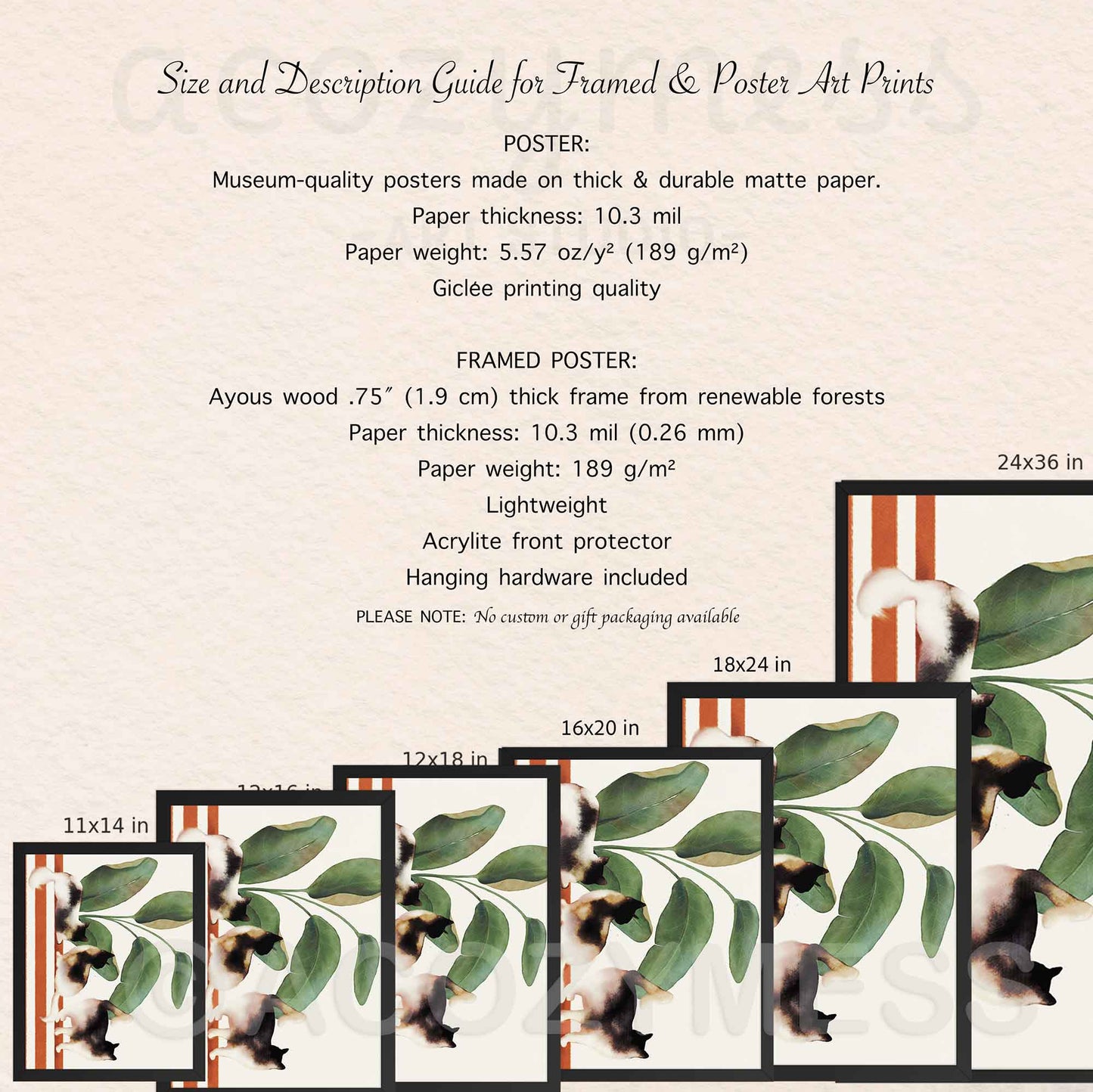 Size and description guide for framed and poster art prints with sample images of artwork.