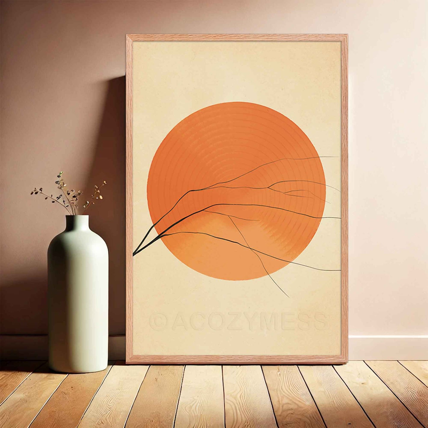 A oakwood-framed abstract wall art poster featuring a vibrant orange sun with clean, minimalist lines. The warm earthy tones create a sense of balance and positivity, making it ideal for modern, boho, and Scandinavian-style decor.