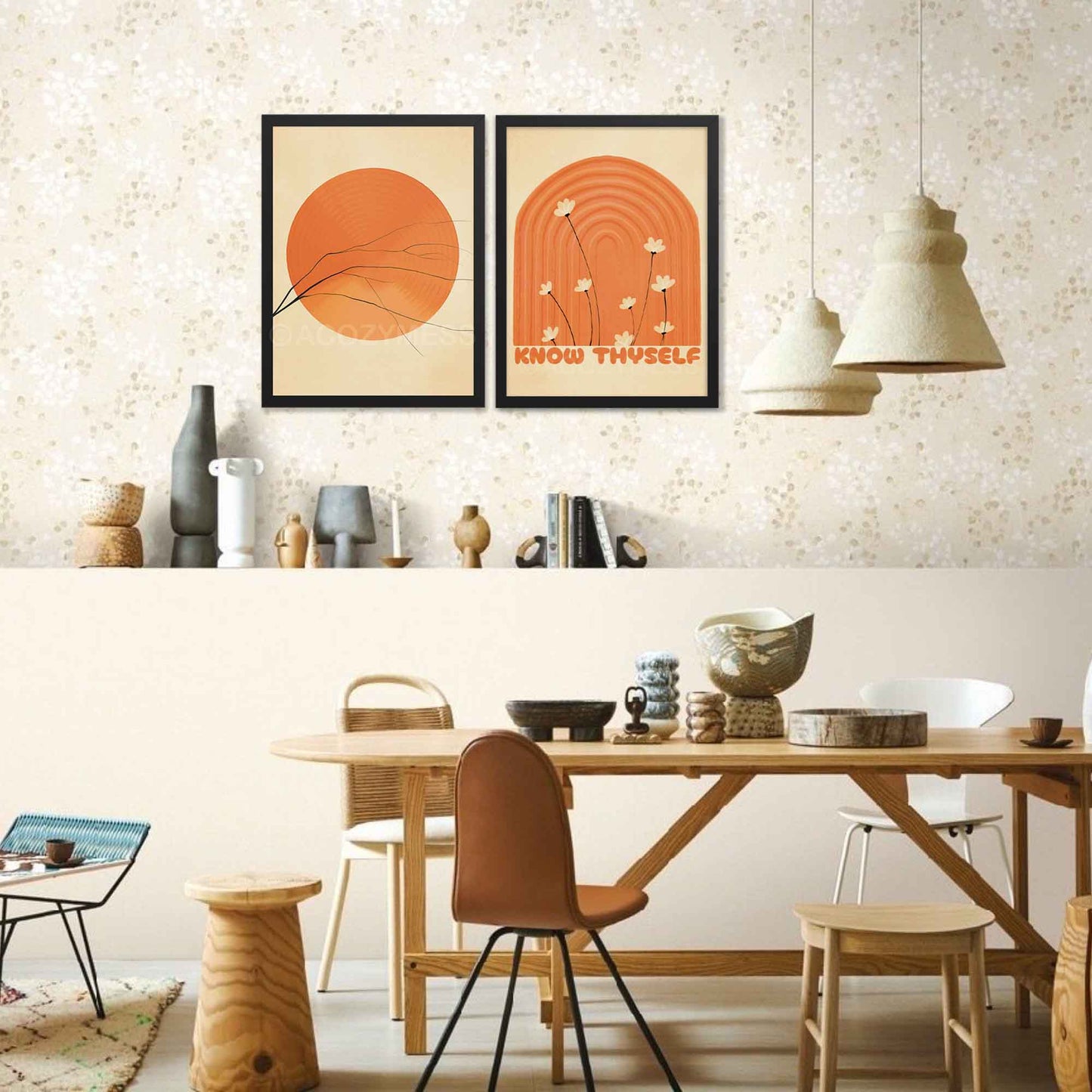 A black-framed abstract wall art poster featuring a vibrant orange sun with clean, minimalist lines. The warm earthy tones create a sense of balance and positivity, making it ideal for Scandinavian-style decor.