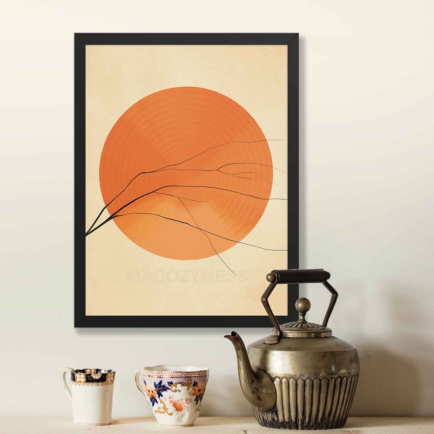 A black-framed abstract wall art poster featuring a vibrant orange sun with clean, minimalist lines. The warm earthy tones create a sense of balance and positivity, making it ideal for living room or as office wall art.