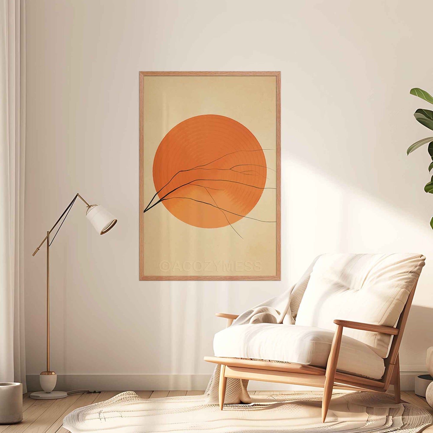 A oakwood-framed abstract wall art poster featuring a vibrant orange sun with clean, minimalist lines. The warm earthy tones create a sense of balance and positivity, making it ideal for calming living room.