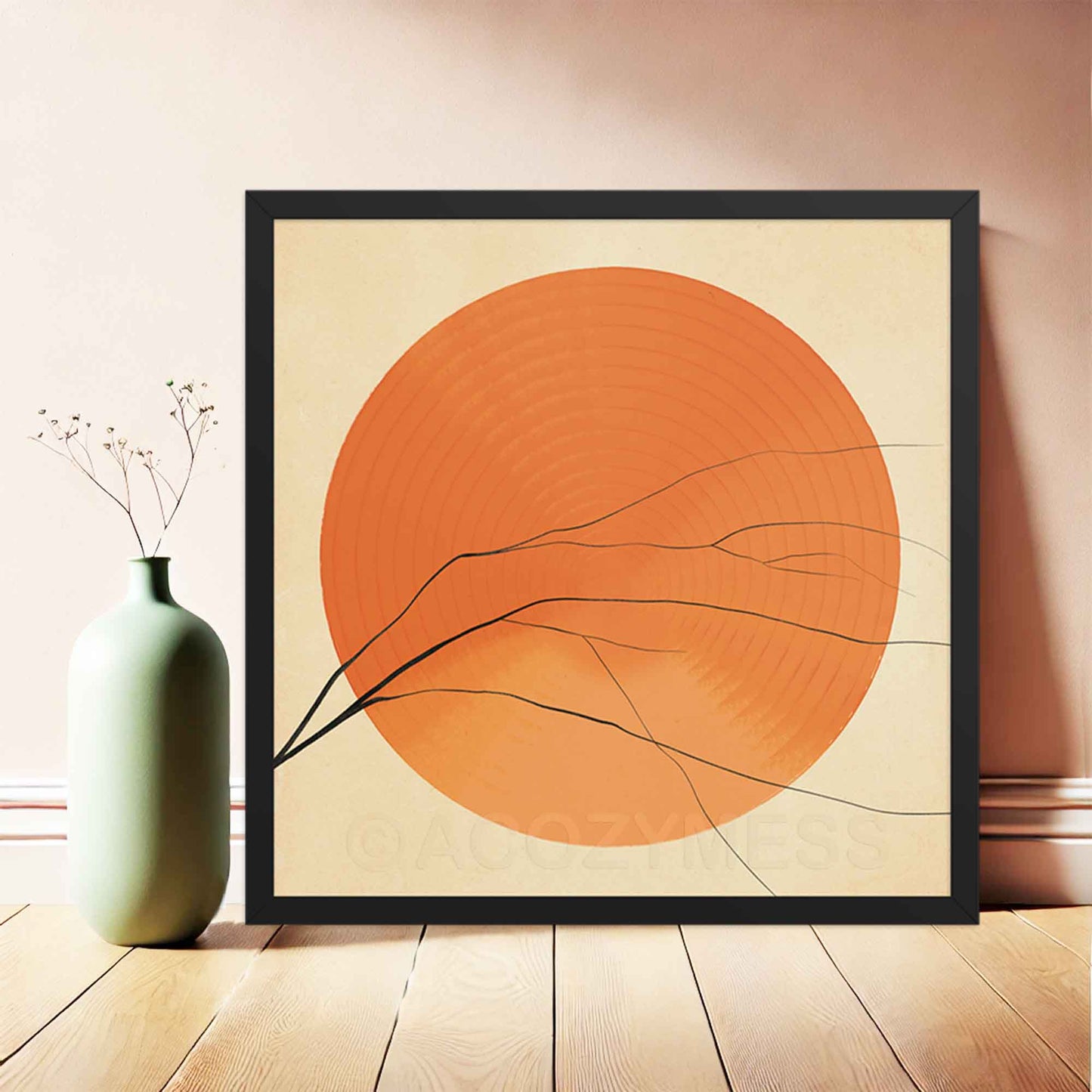 A square black-framed abstract wall art poster featuring a vibrant orange sun with clean, minimalist lines. The warm earthy tones create a sense of balance and positivity, making it ideal for modern, boho, and Scandinavian-style decor.