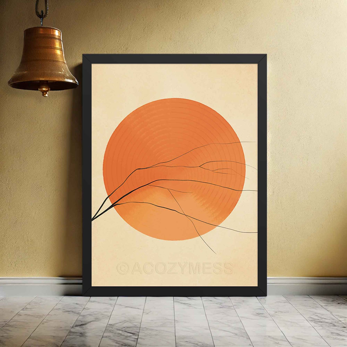 A black-framed abstract wall art poster featuring a vibrant orange sun with clean, minimalist lines. The warm earthy tones create a sense of balance and positivity, making it ideal for yoga decor or puja room decor.