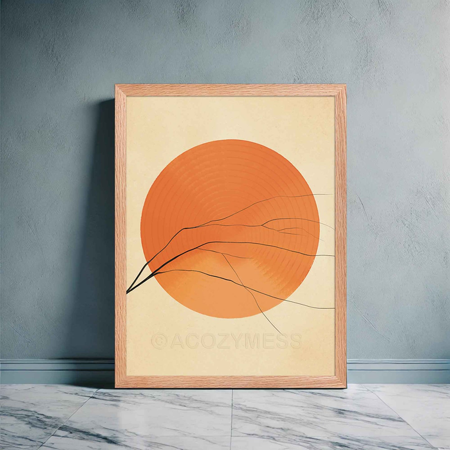A oakwood-framed abstract wall art poster featuring a vibrant orange sun with clean, minimalist lines. The warm earthy tones create a sense of balance and positivity, making it ideal for living room or as office wall art.