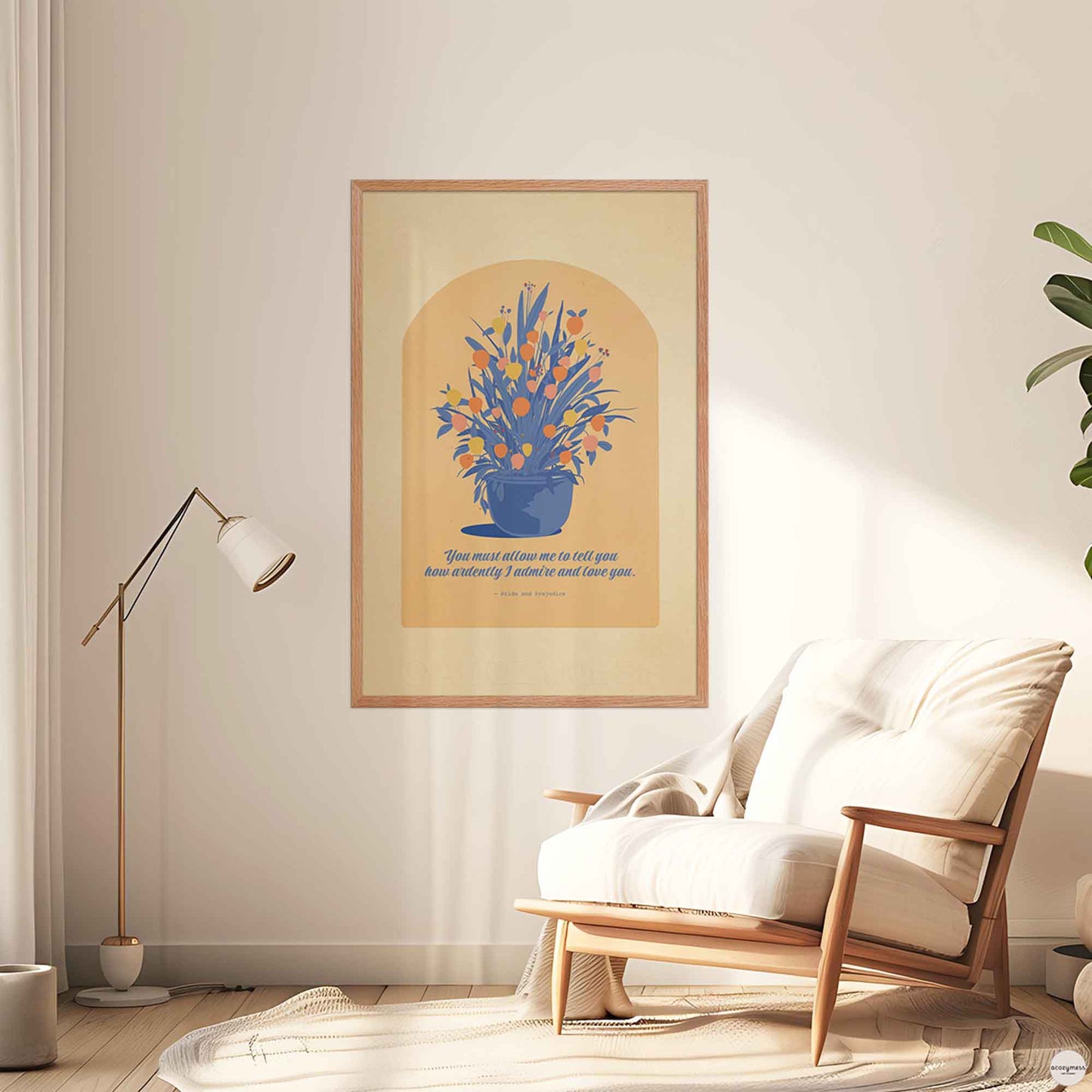 A romantic quote print featuring Mr. Darcy’s quote from Pride and Prejudice — You must allow me to tell you how ardently I... — displayed in elegant typography with a beige, blue, and yellow color palette. A large illustrated flower pot adds a warm, vintage-inspired touch in oakwood frame.
