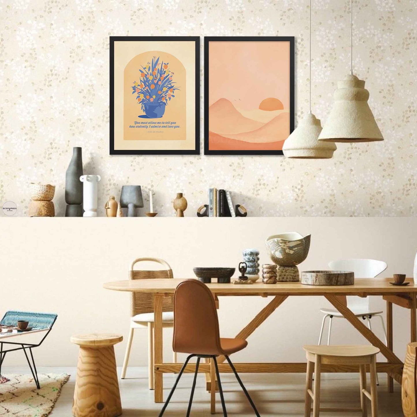 A literary poster featuring Jane Austen’s quote from Pride and Prejudice — You must allow me to tell you how ardently I... — displayed in elegant typography with a beige, blue, and yellow color palette. A large illustrated flower pot adds a warm, vintage-inspired touch in black frame.