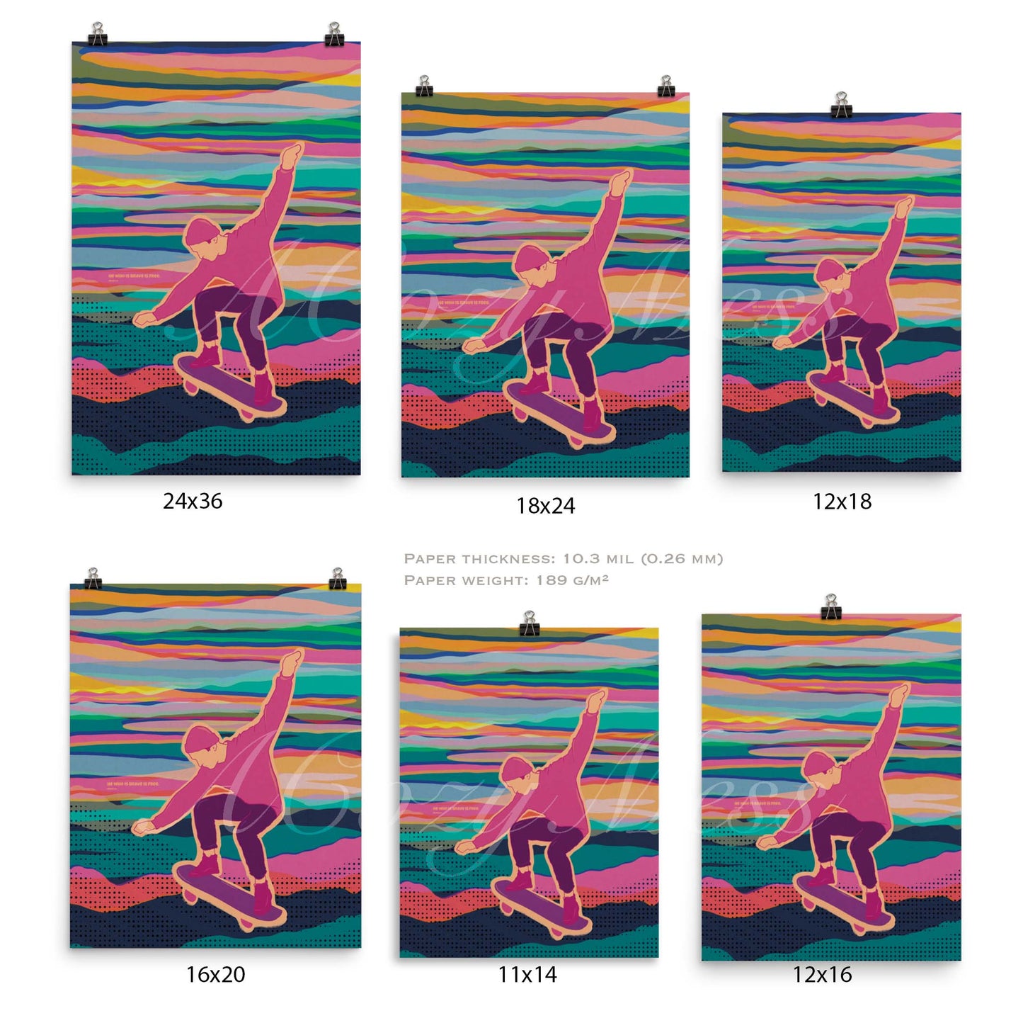 Vibrant & colorful skateboarder art with seneca quote " he who is brave is free" posters