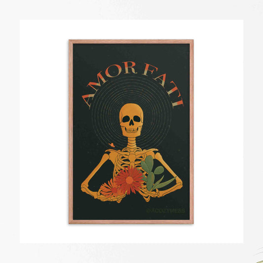Amor Fati Poster with yellow skeleton with flowers and cacutus design on black backgoundArt in oak frame