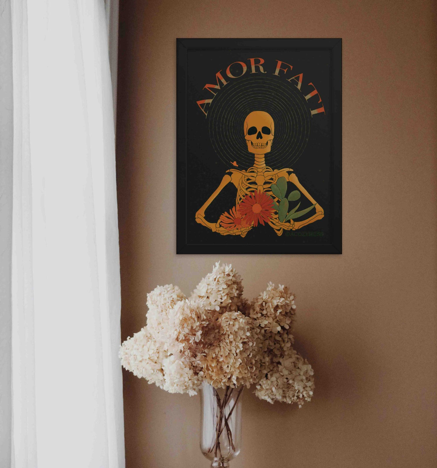 Amor Fati Poster with yellow skeleton with flowers and cacutus design on black background Art in black  frame