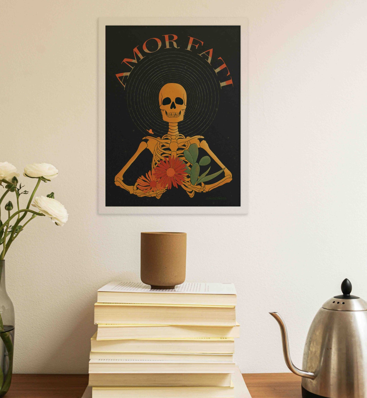 Amor Fati Poster with yellow skeleton with flowers and cacutus design on black background Art in white frame