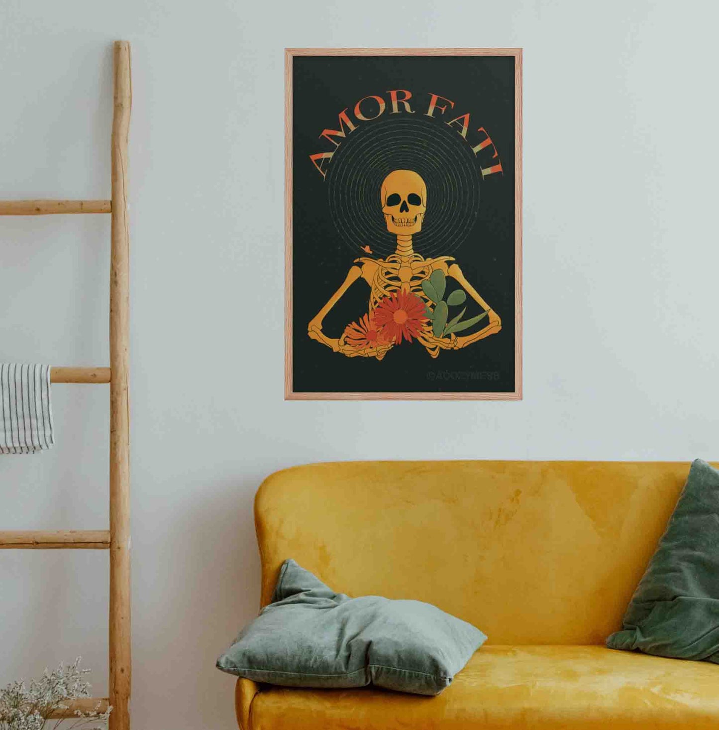 Amor Fati Poster with yellow skeleton with flowers and cacutus design on black backgoundArt in oak frame