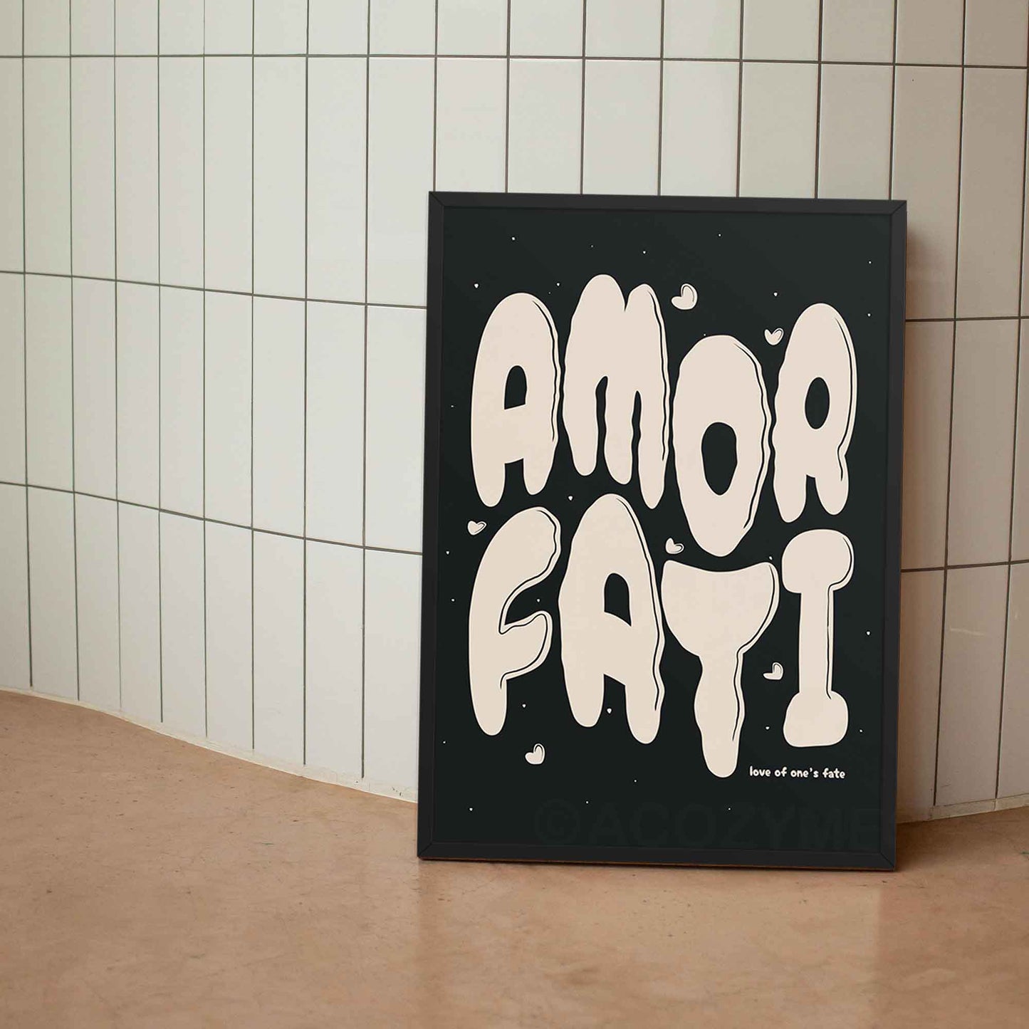 amor fati black and beige, stoic poster in black frame