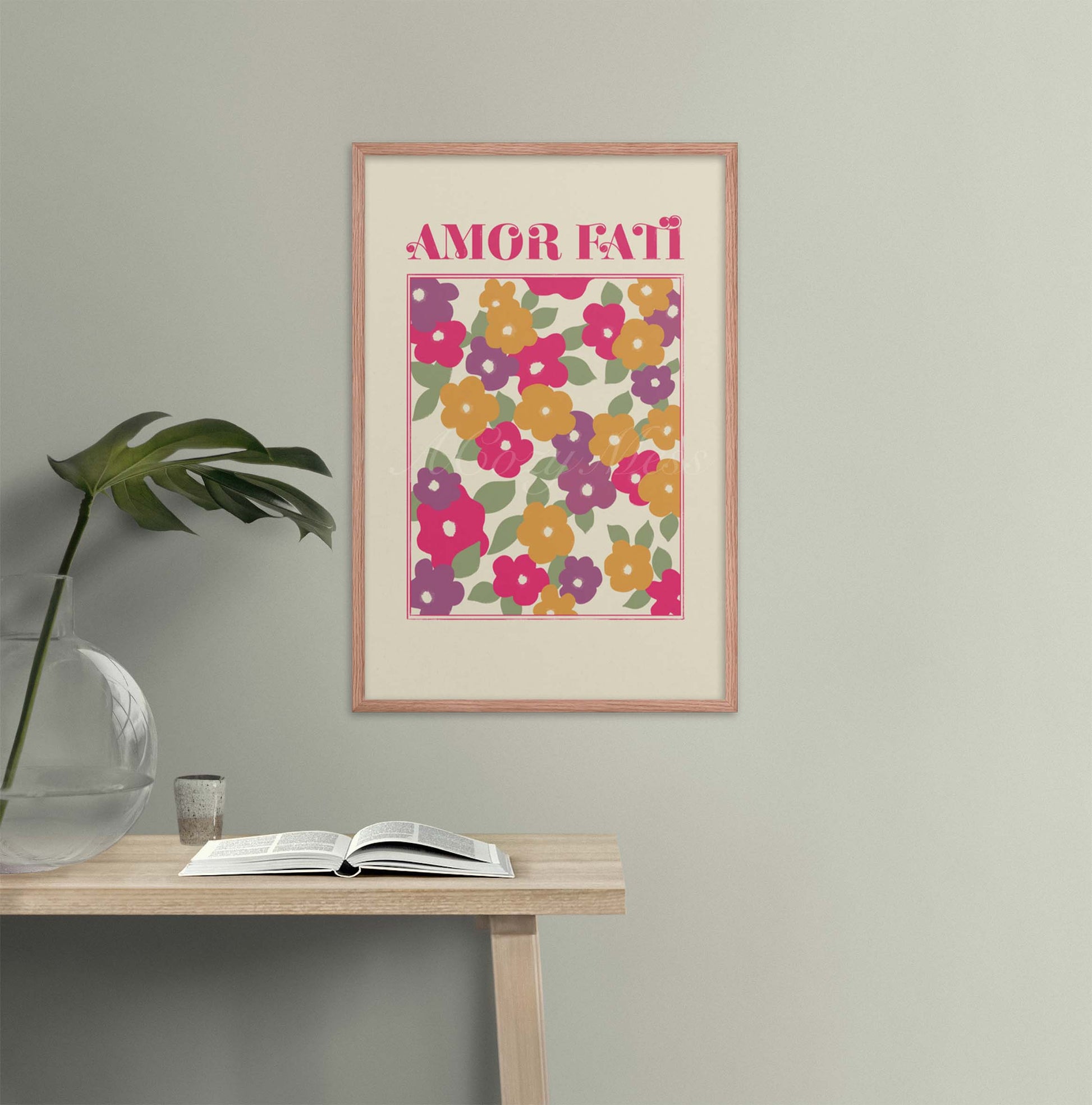 Amor Fati abstract Floral design Art Poster in bight pink, purple, green & green on light beige background in oak frame.