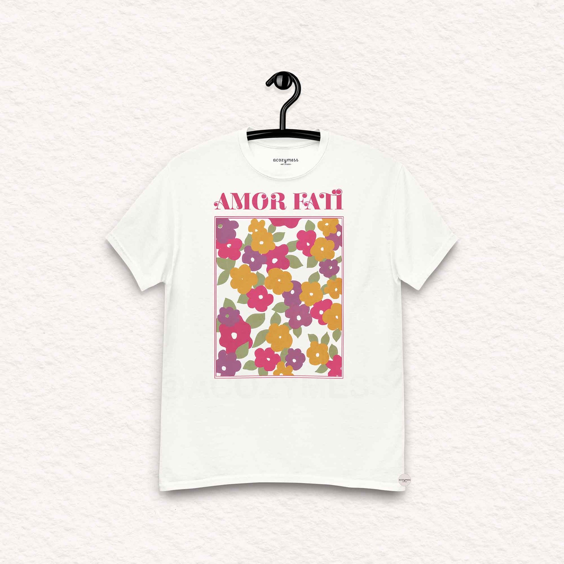 Amor Fati tshirt with pink floral abstract design in white color