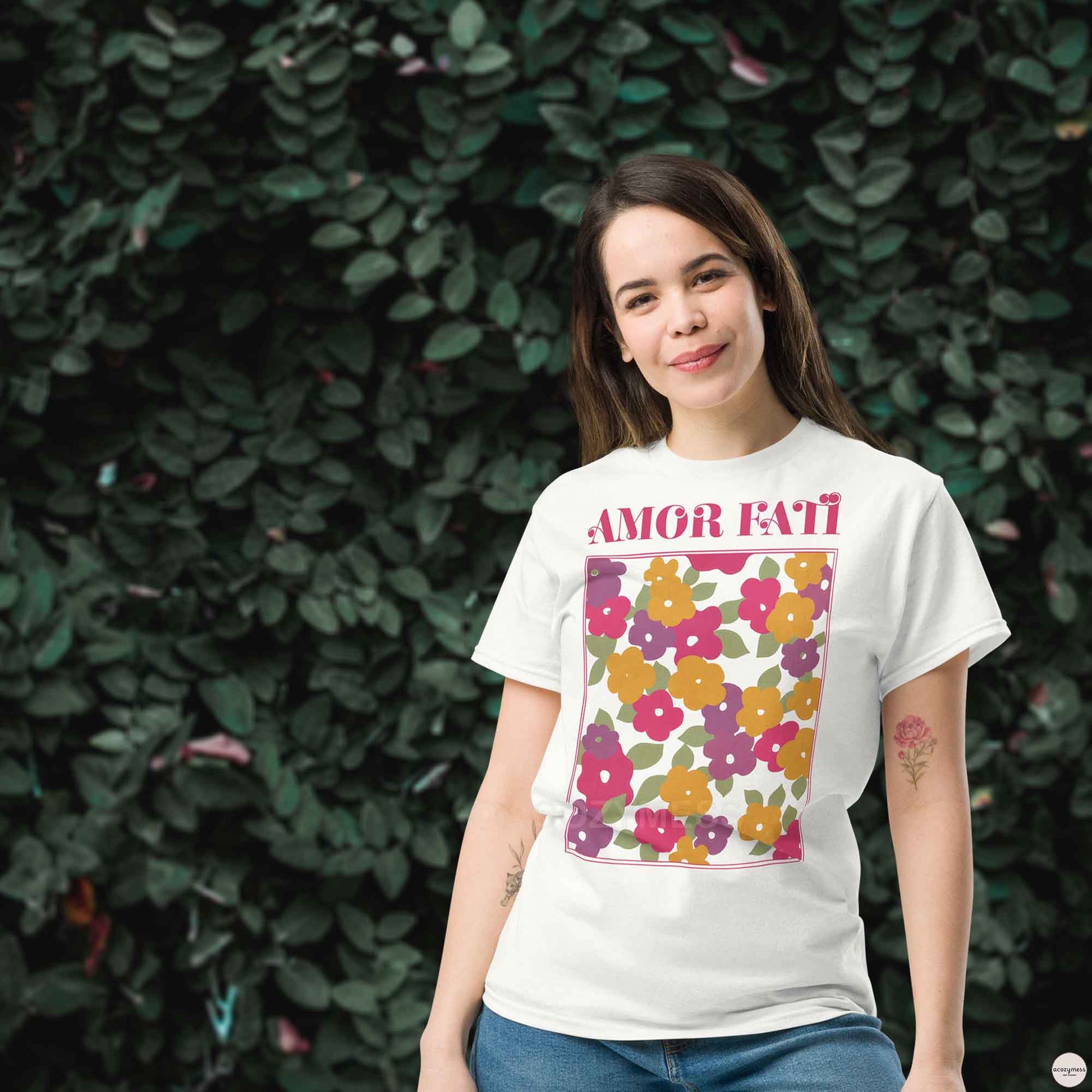Amor Fati tshirt with pink floral abstract design in white color