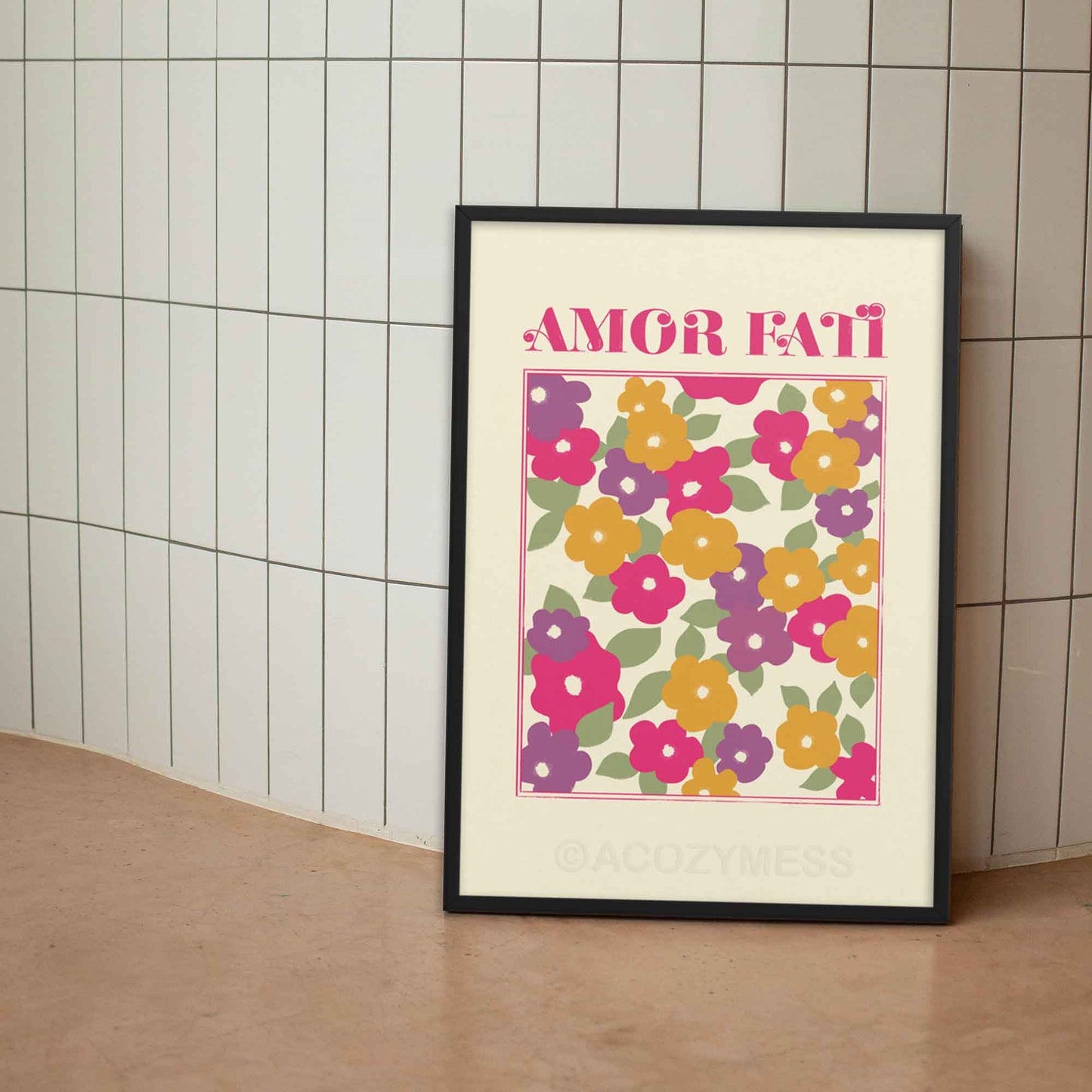 amore fati poster with pink, yellow & purple abstract  floral design, framed in black