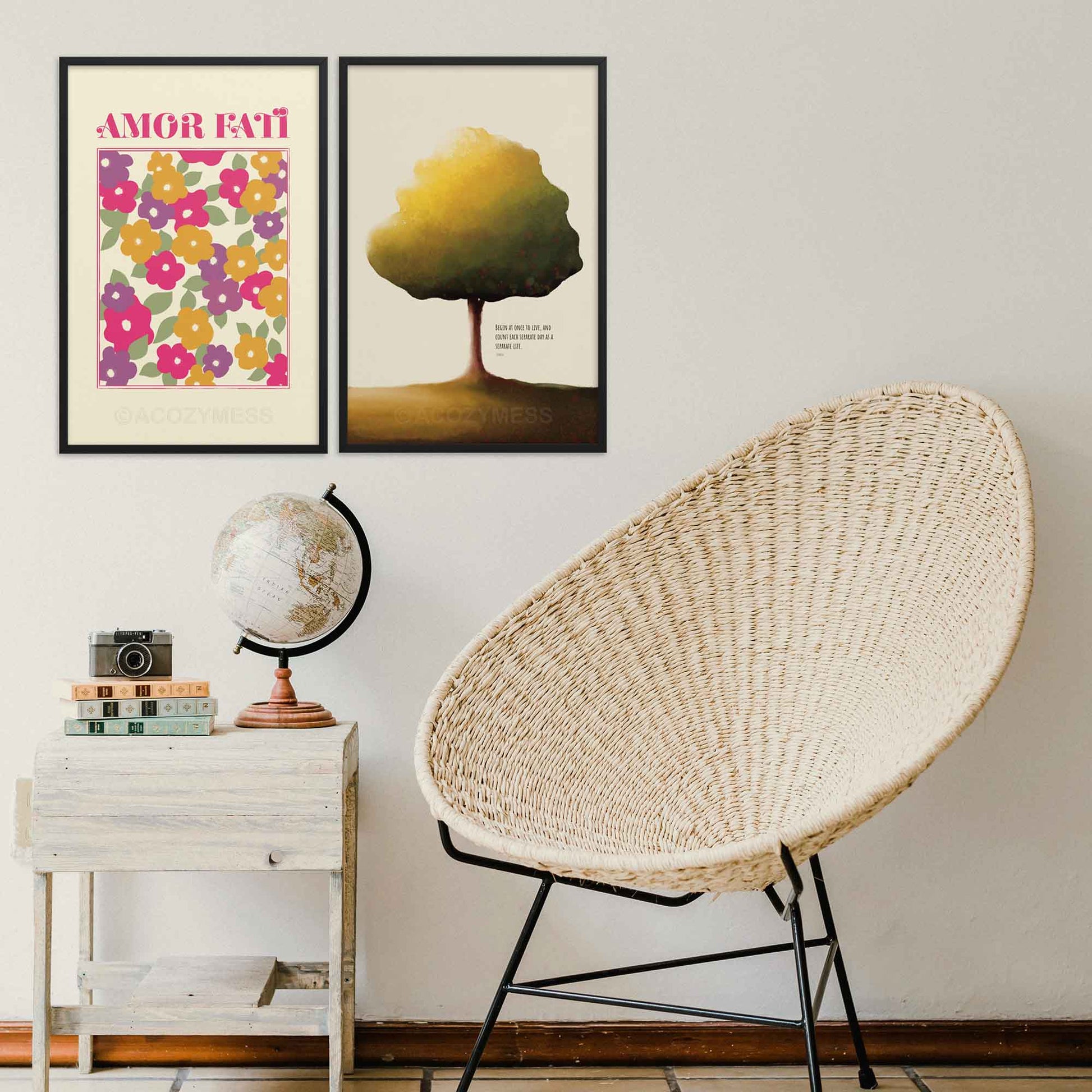 Poster of Abstract Floral Design  featuring pink, purple, yellow, and green hues in an abstract floral arrangement on a light beige background, with the phrase Amor Fati, and begin to live at once, seneca poster in black frame