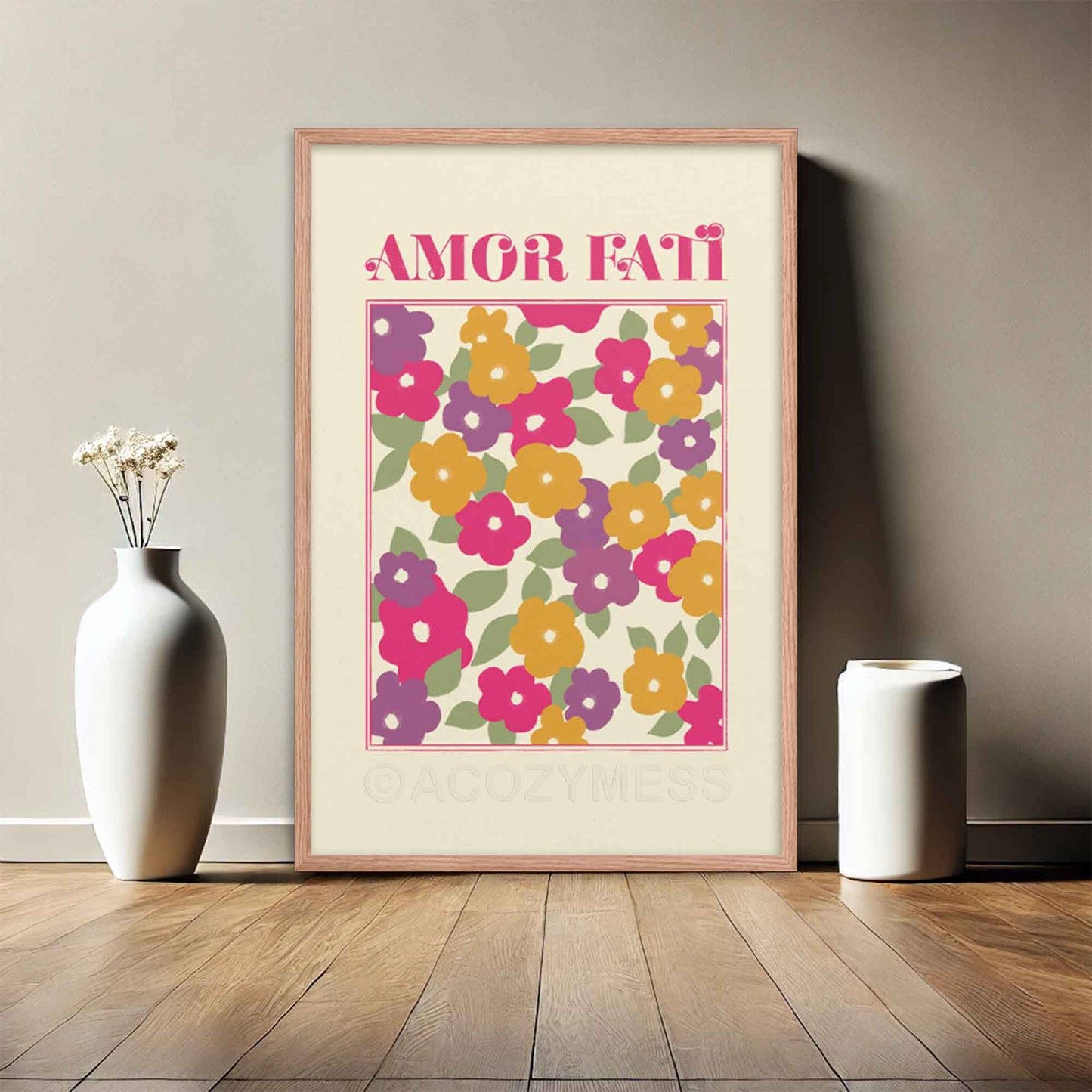 Amor Fati Poter with abstract floral design in pink, purple and yellow, in oakwood frame