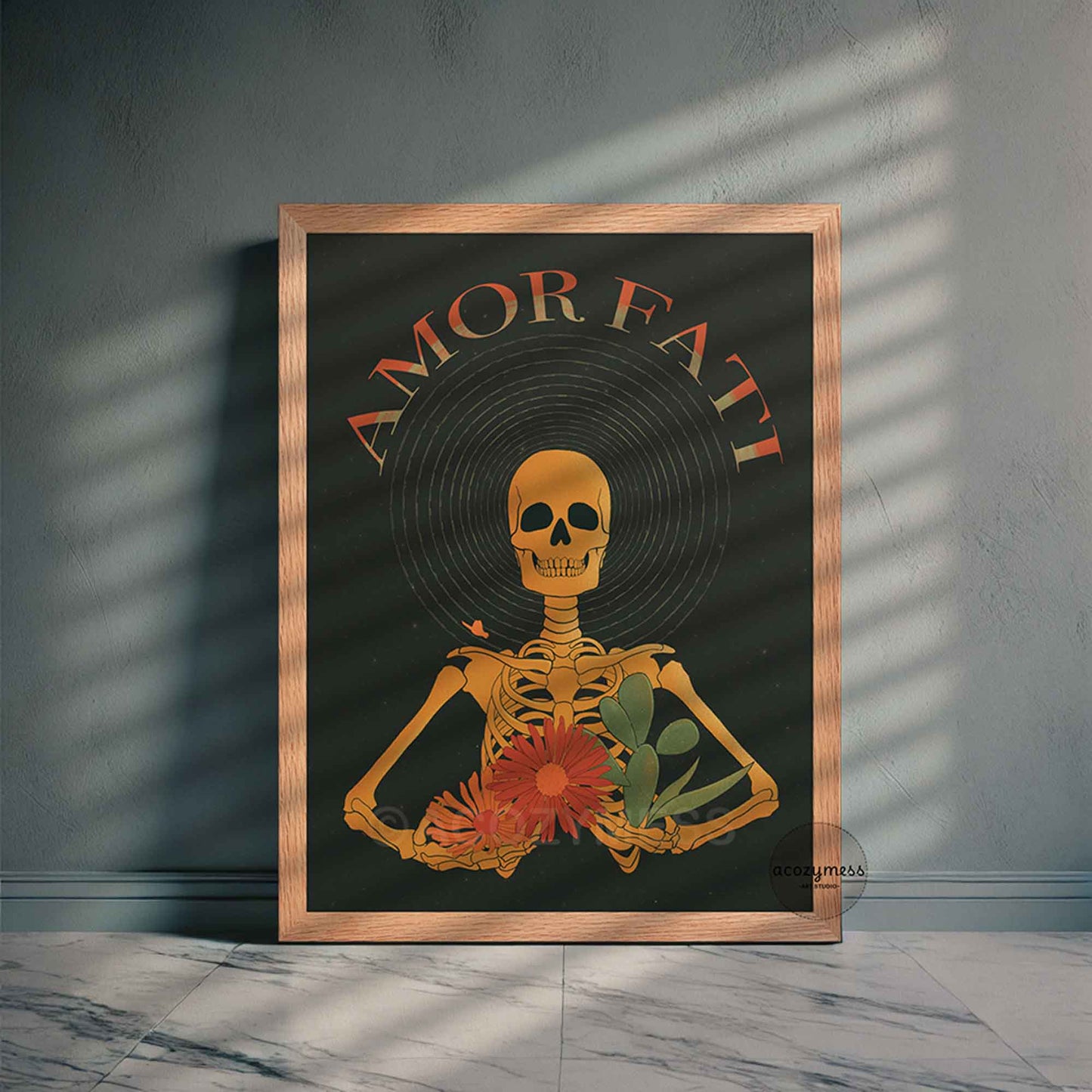 amor fati floral skeleton stoic art poster on dark background in oakwood frame.