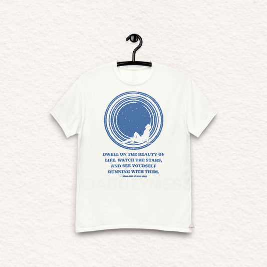 Marcus Aurelius quote on beauty of life Stoic tshirt with illustration in blue on white.