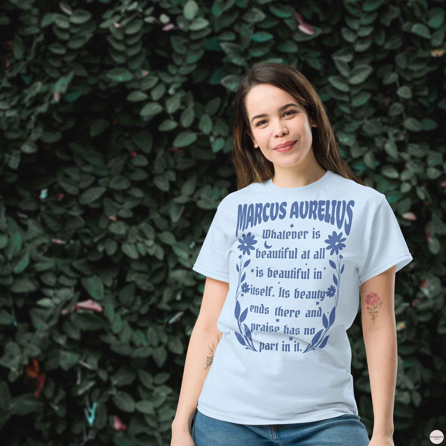 Marcus Aurelius light blue t-shirt with blue design