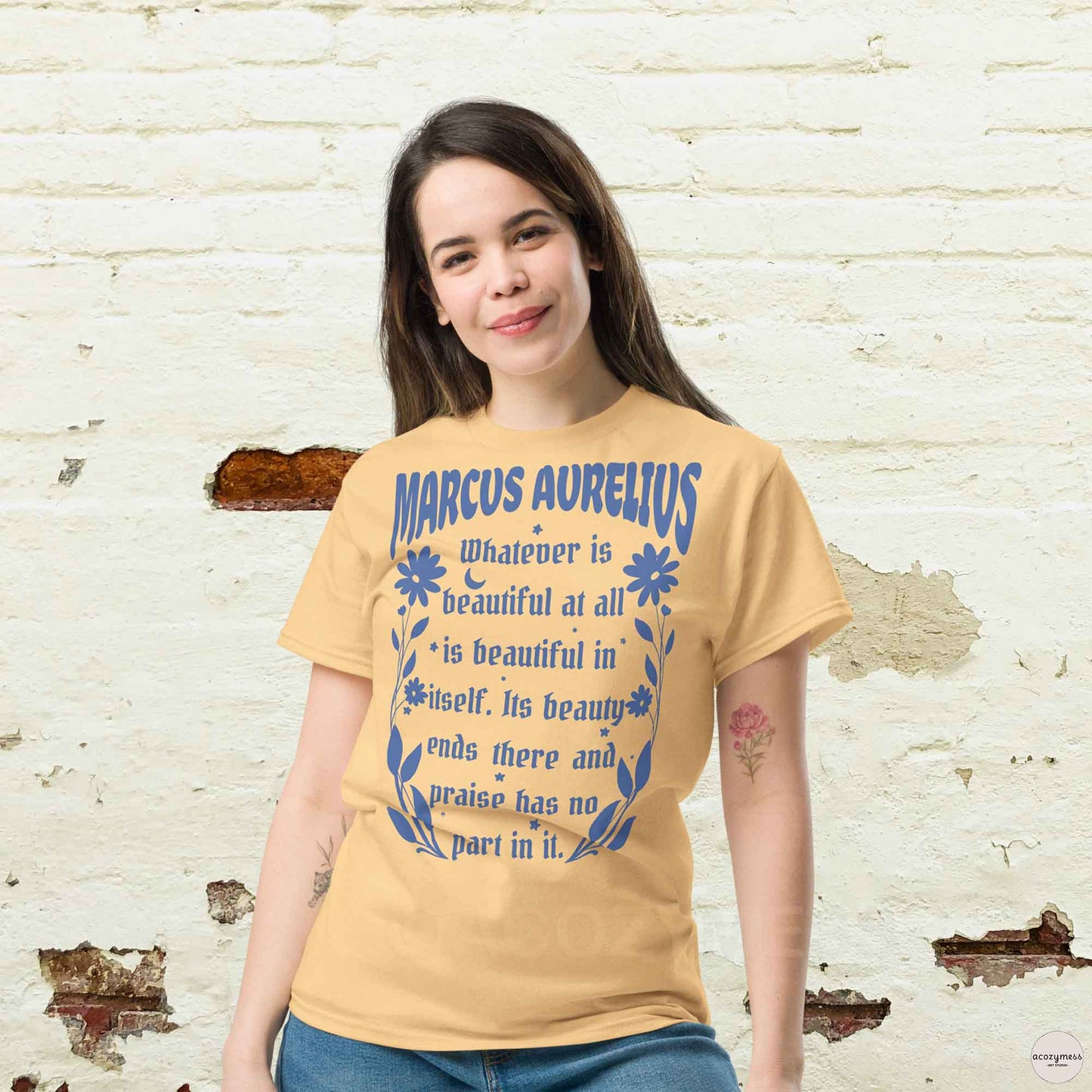 Marcus Aurelius light yellow t-shirt with quote and blue floral design