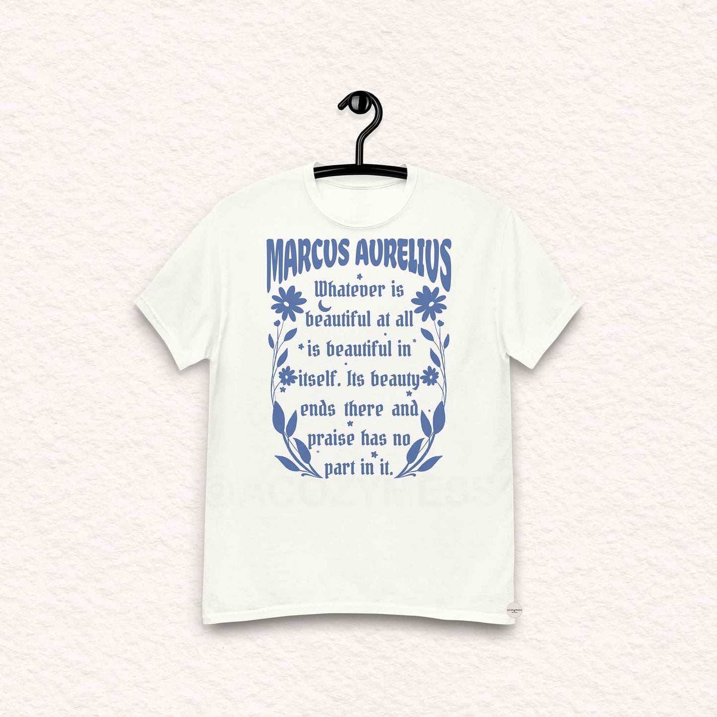 Marcus Aurelius white t-shirt with blue design