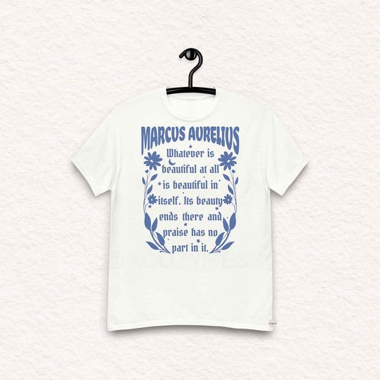 Marcus Aurelius white t-shirt with blue design