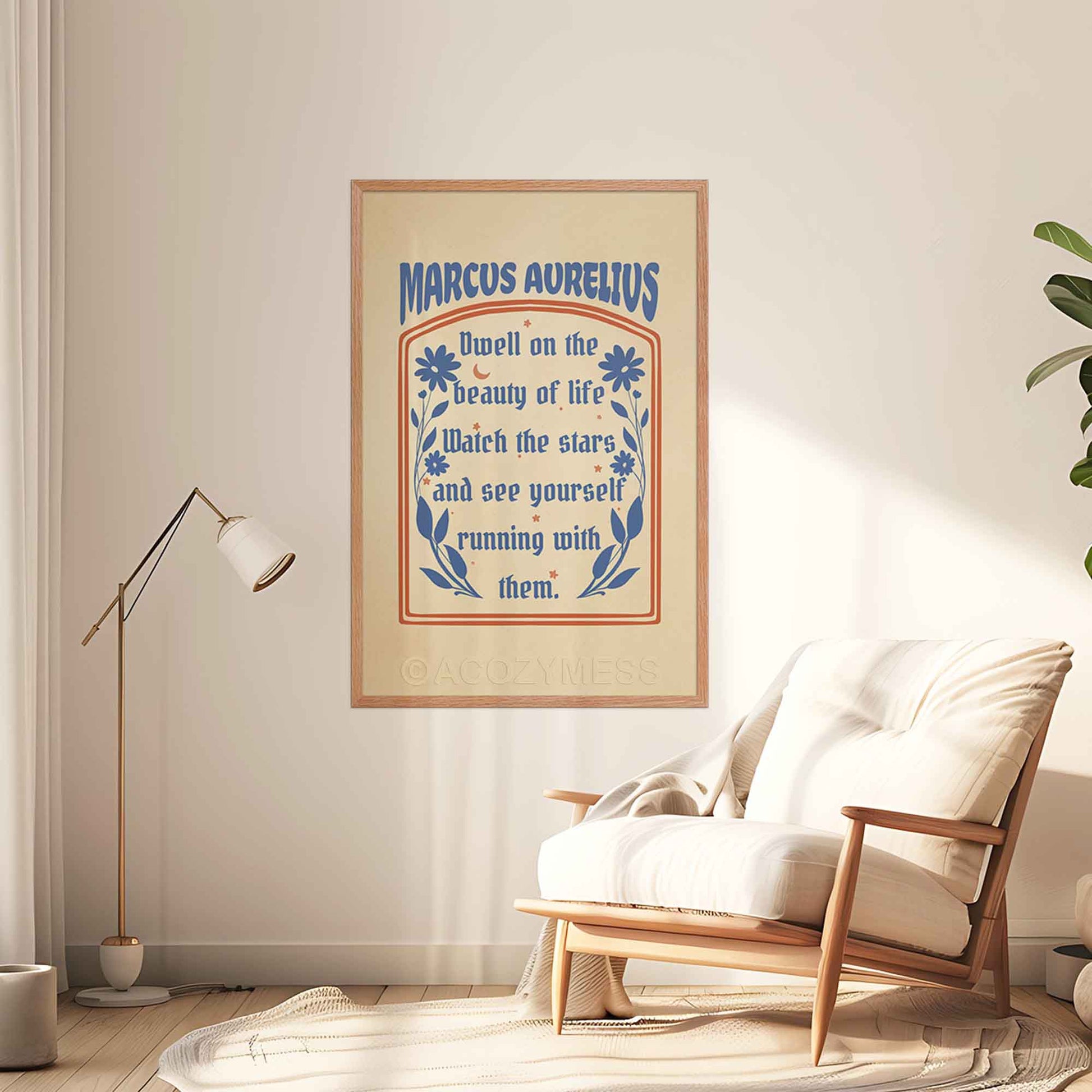Stoic poster displayed in oakwood frame featuring the Marcus Aurelius quote, "Dwell on the beauty of life," in elegant typography.