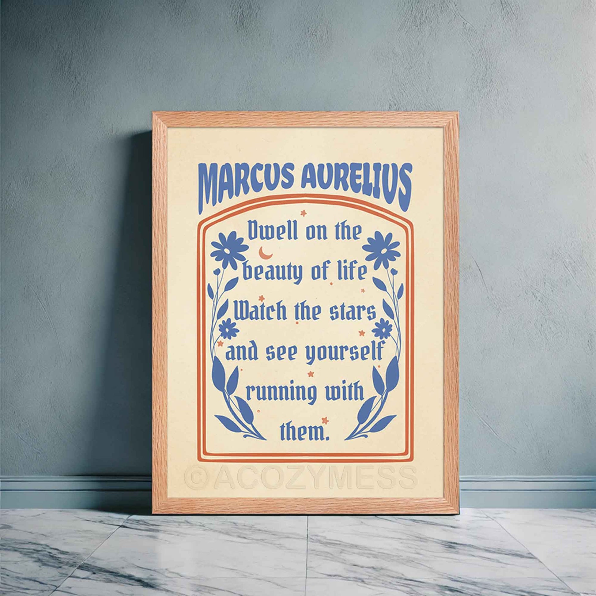 Stoic poster displayed in oakwood frame featuring the Marcus Aurelius quote, "Dwell on the beauty of life," in elegant typography.