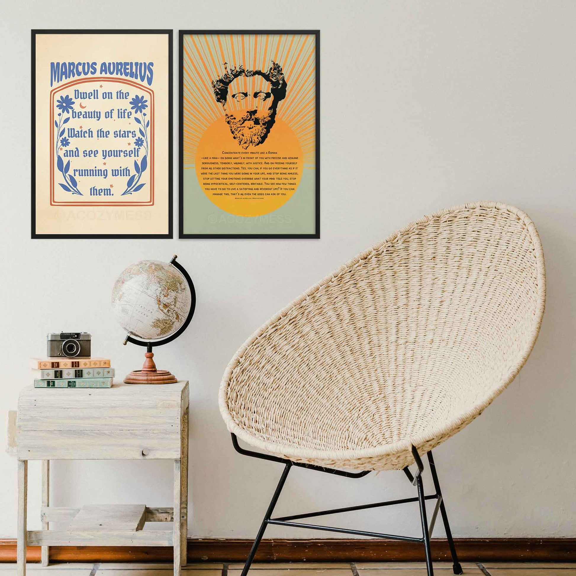 Stoic print displayed in black frame featuring the Marcus Aurelius quote, "Dwell on the beauty of life," in elegant typography on a livingroom wall.