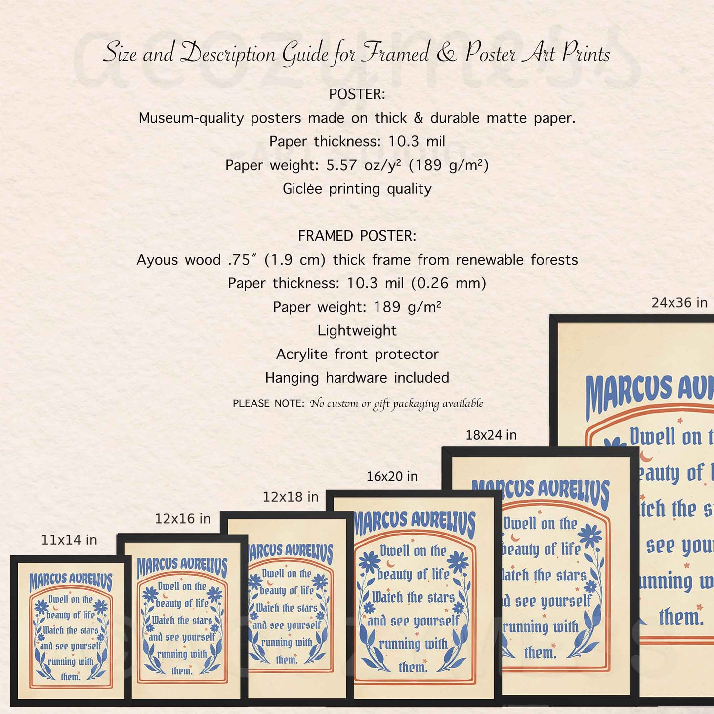 Framed and unframed stoic posters with Marcus Aurelius Quote