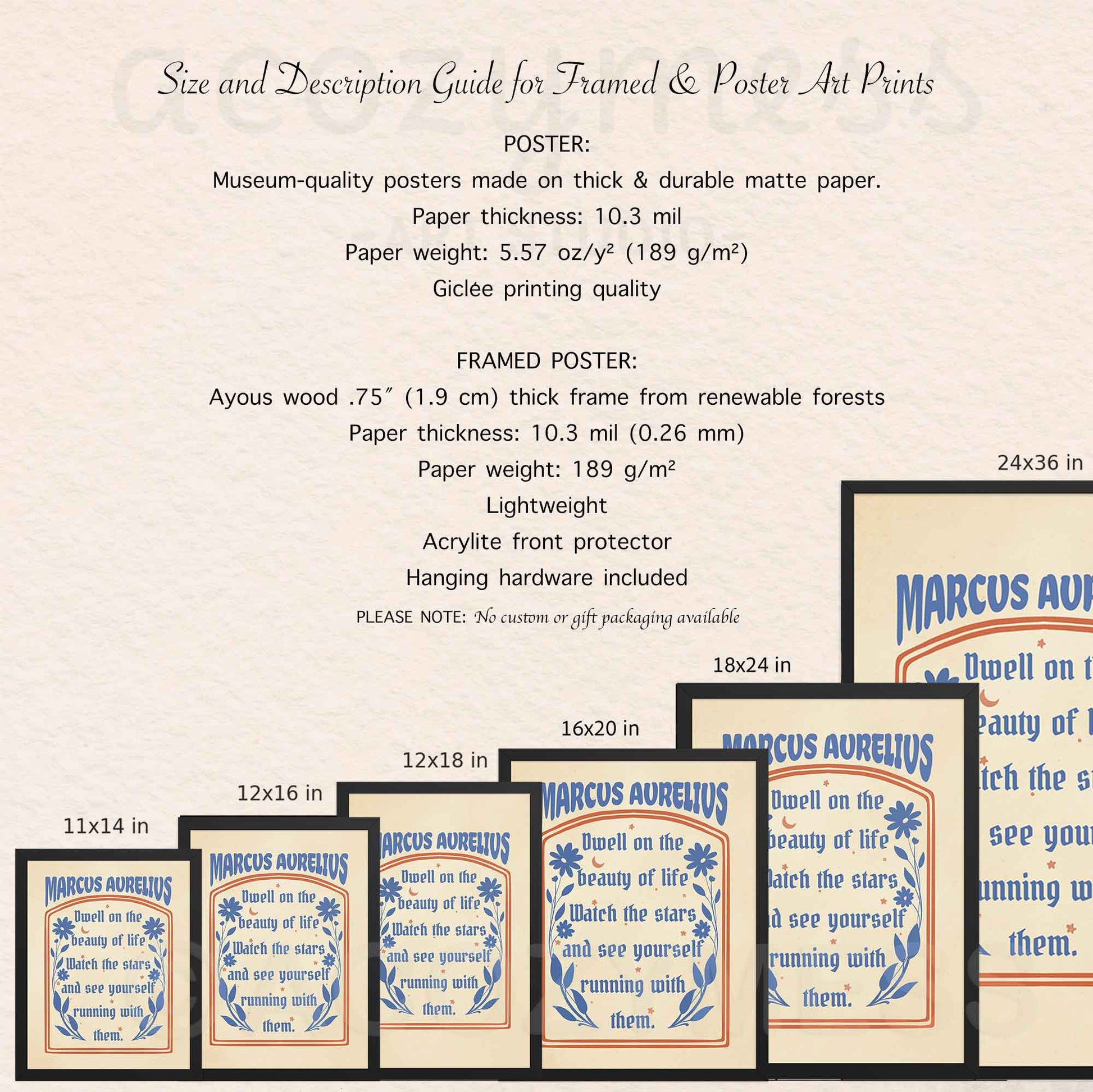 Framed and unframed stoic posters with Marcus Aurelius Quote