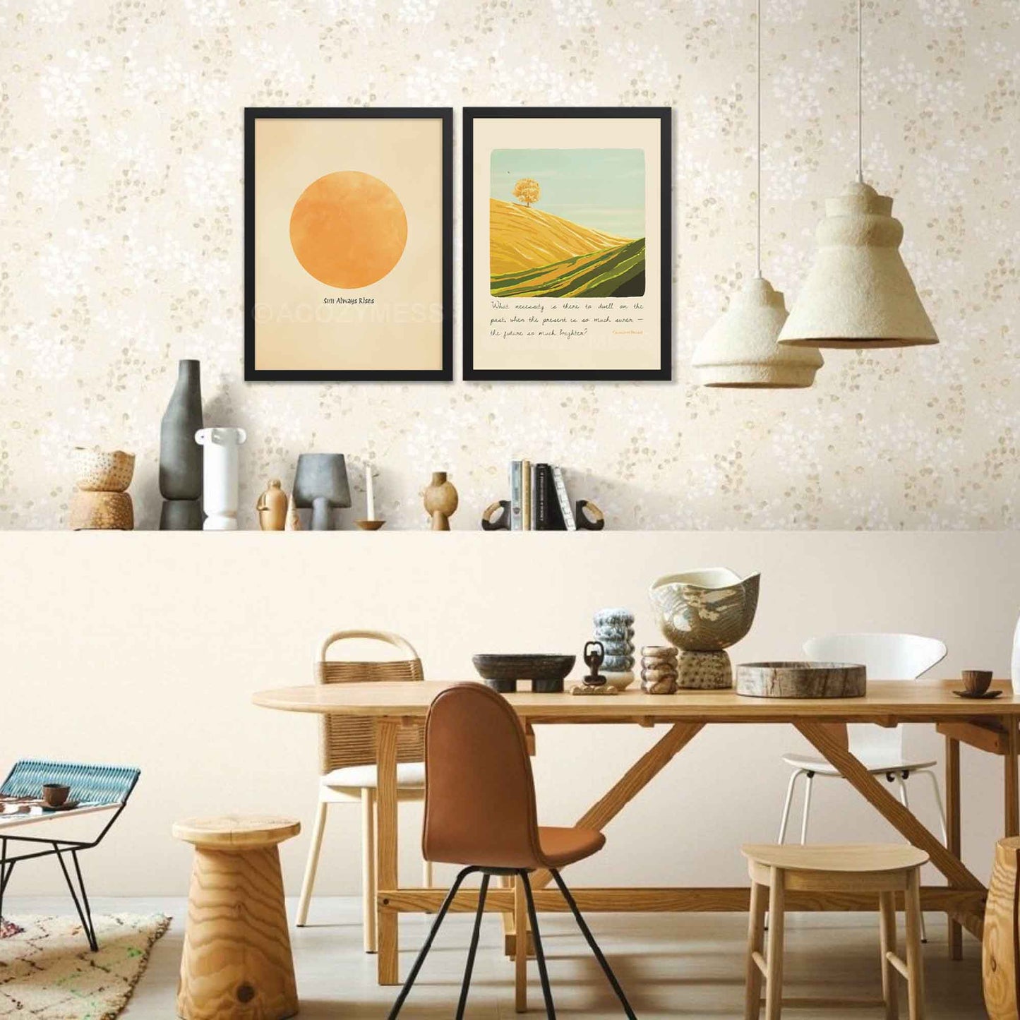 A landscape wall art print featuring an inspiring quote by Charlotte Brontë, the art includes a calming illustration of a bright mountain landscape, symbolizing optimism, growth, and a forward-looking mindset, displayed in black frame.