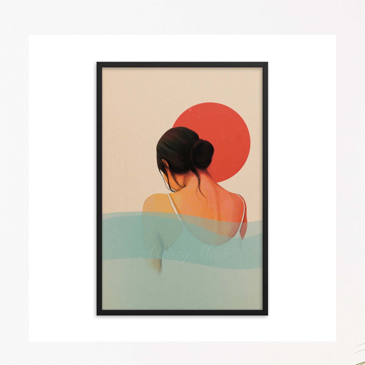 Sun & Water, Woman serene wall art in black frame