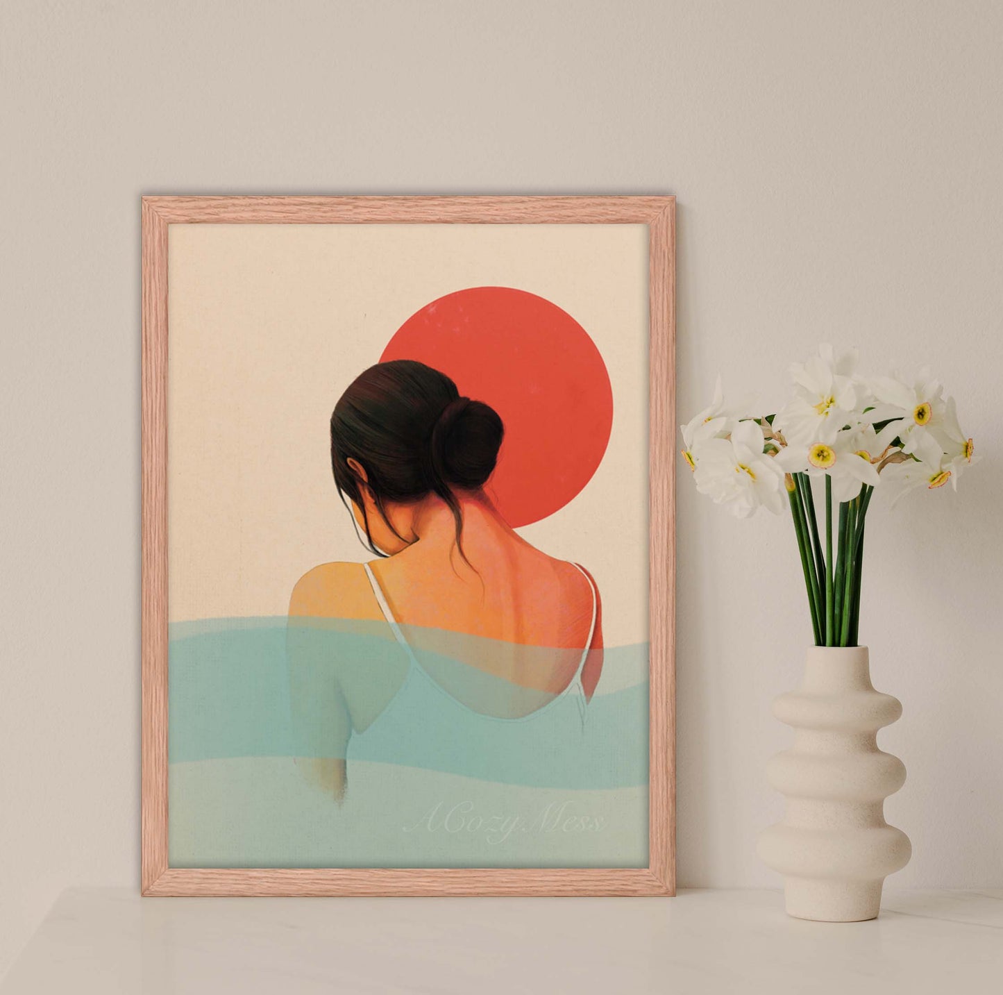 Sun & Water, Woman serene wall art in oak frame