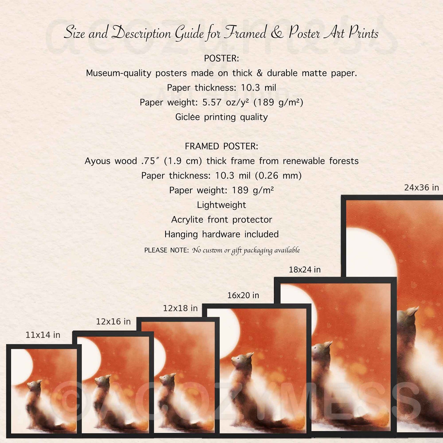Size and description guide for framed and poster art prints with a cat print of a fox.