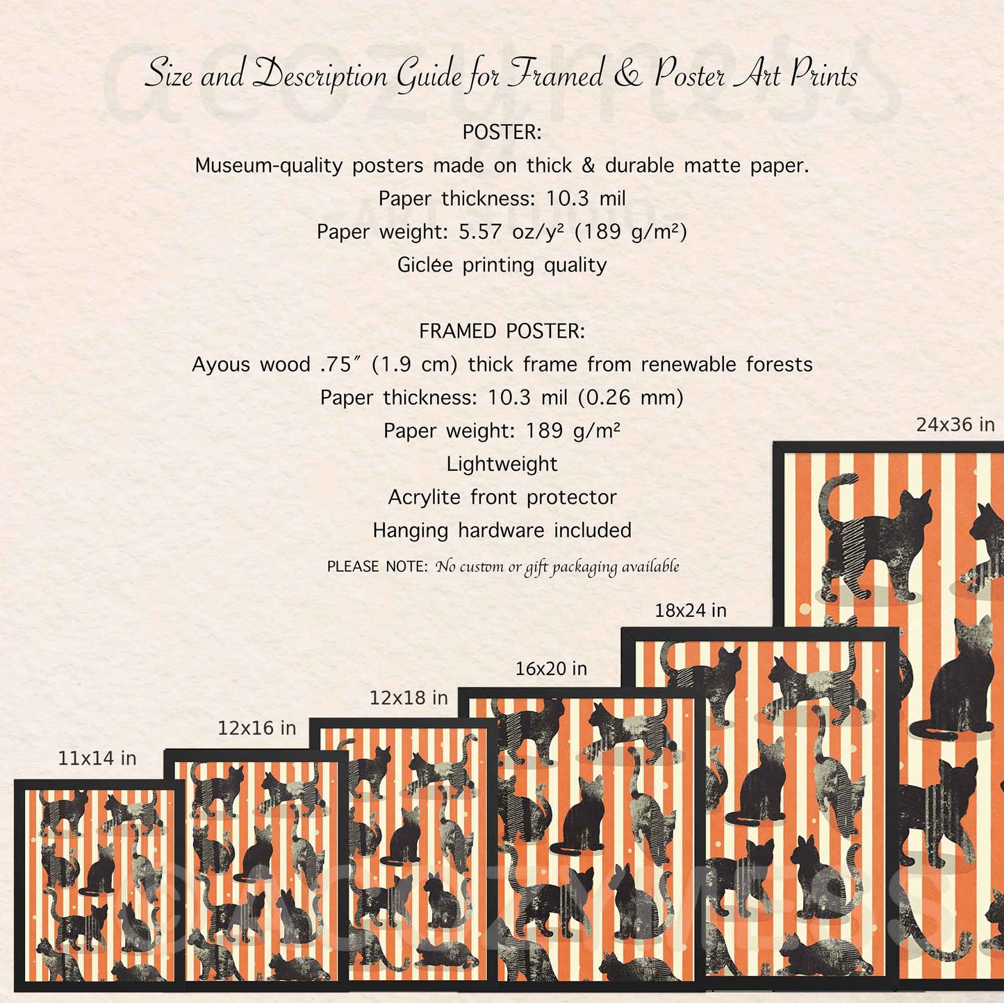 Size and description guide for framed and poster art prints with cat illustrations.