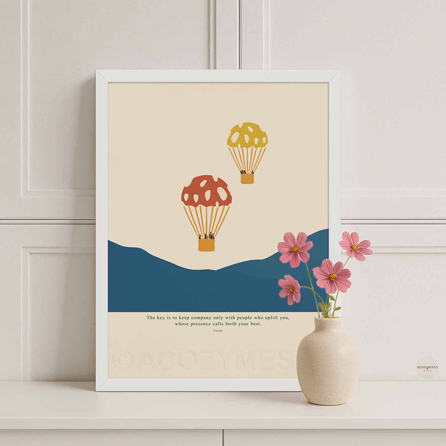 Epictetus Stoic poster with hot air balloons illustration displayed in a clean white frame, light and minimalist aesthetic.