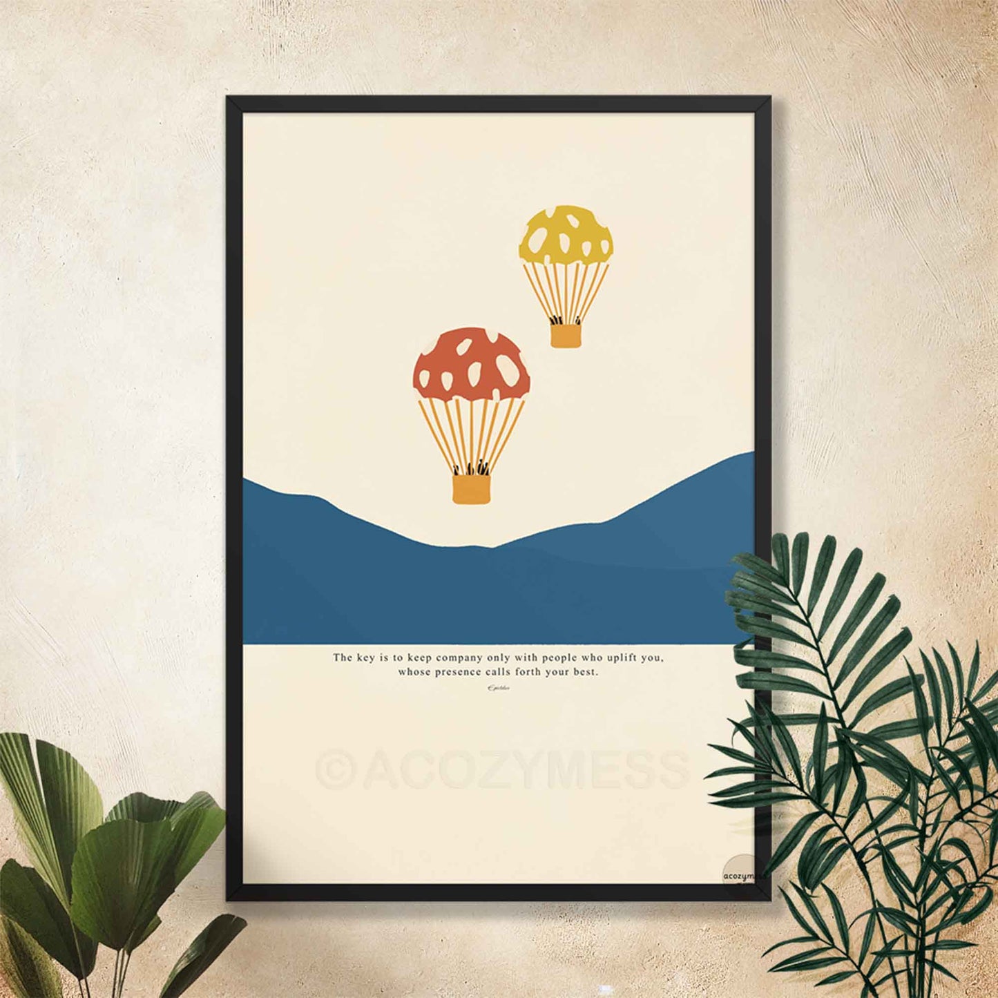 Epictetus uplifting company quote poster with hot air balloons illustration shown in a sleek black frame for a bold, modern look.