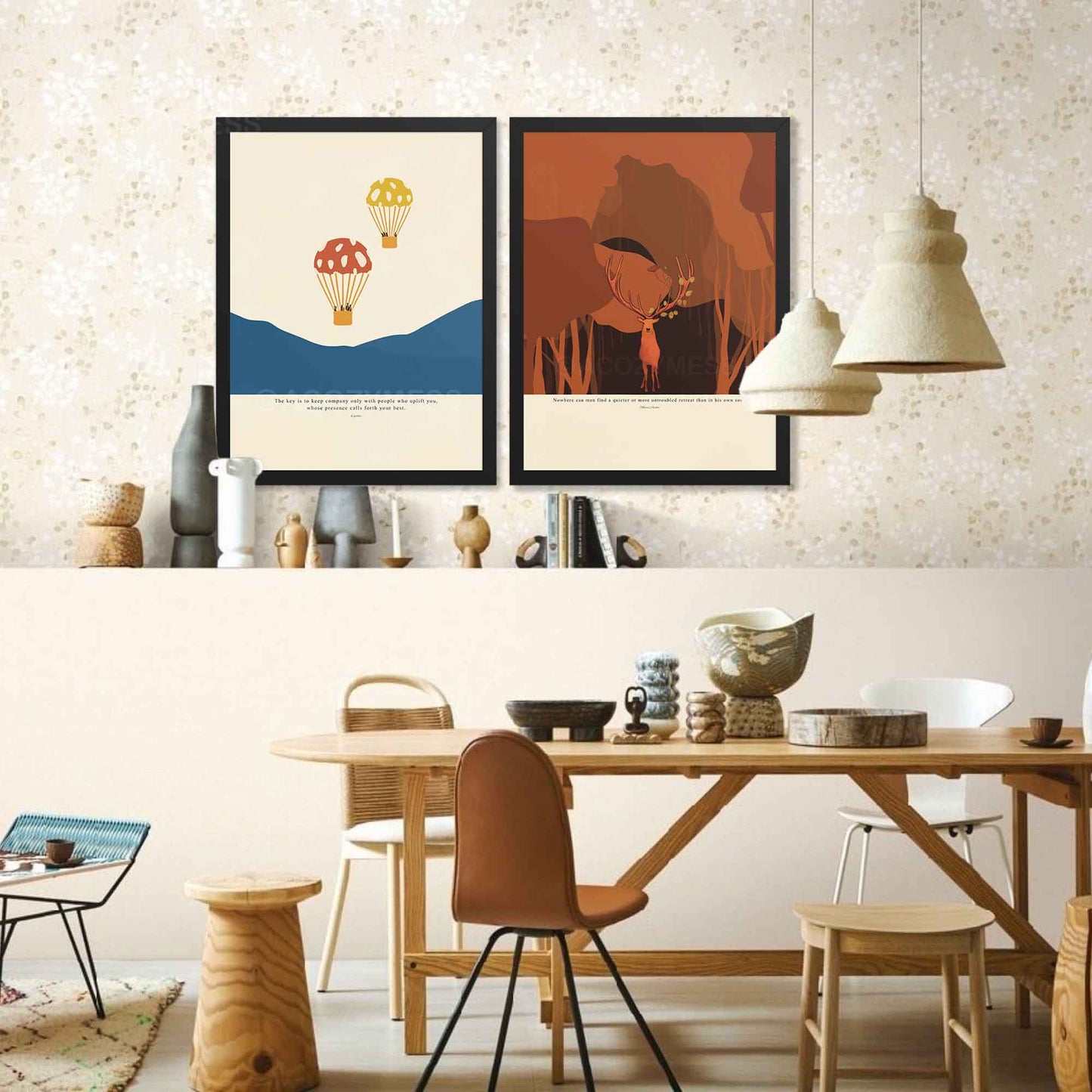 Epictetus quote poster featuring hot air balloons illustration, displayed in a sleek black frame for a refined and contemporary touch.