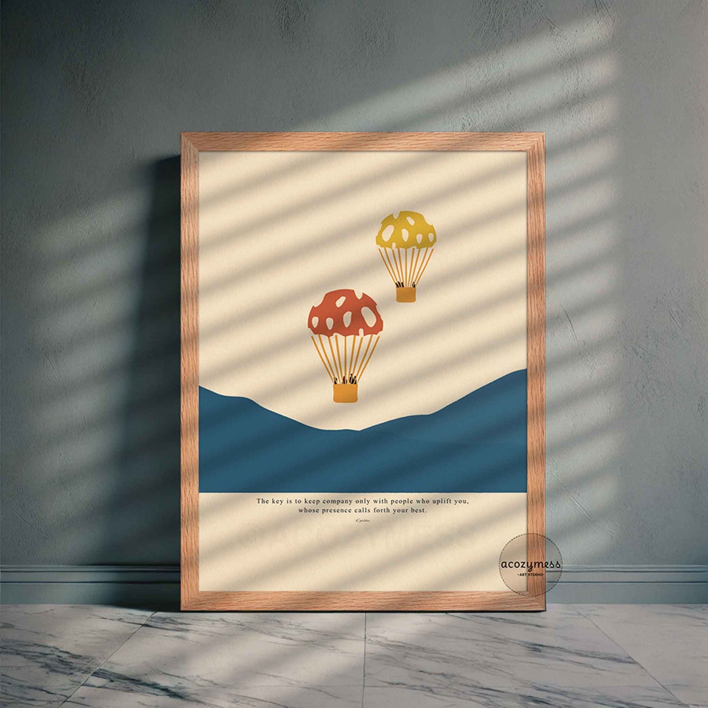 Epictetus philosophy quote poster with hot air balloons illustration displayed in an oakwood frame, warm and natural finish.