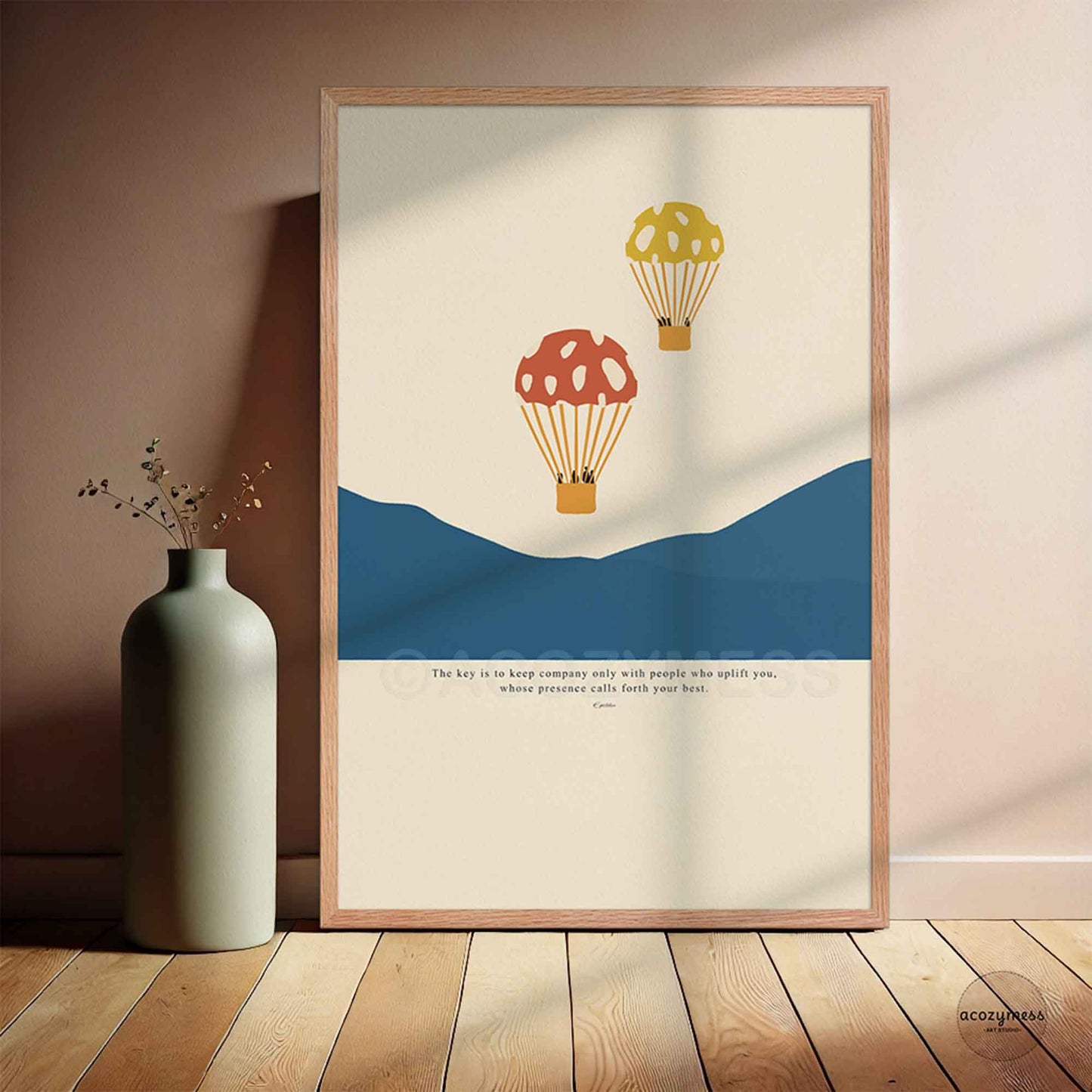 Epictetus stoic poster with hot air balloons illustration displayed in an oakwood frame, warm and natural finish.