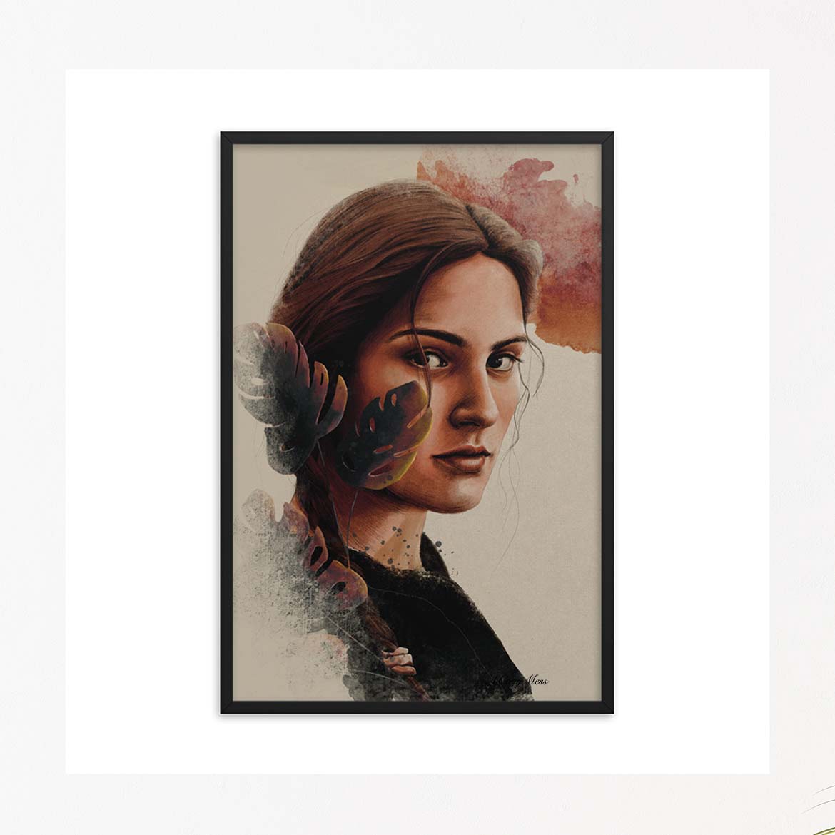 Woman Portrait art in earthly orange, brown tones in black frame