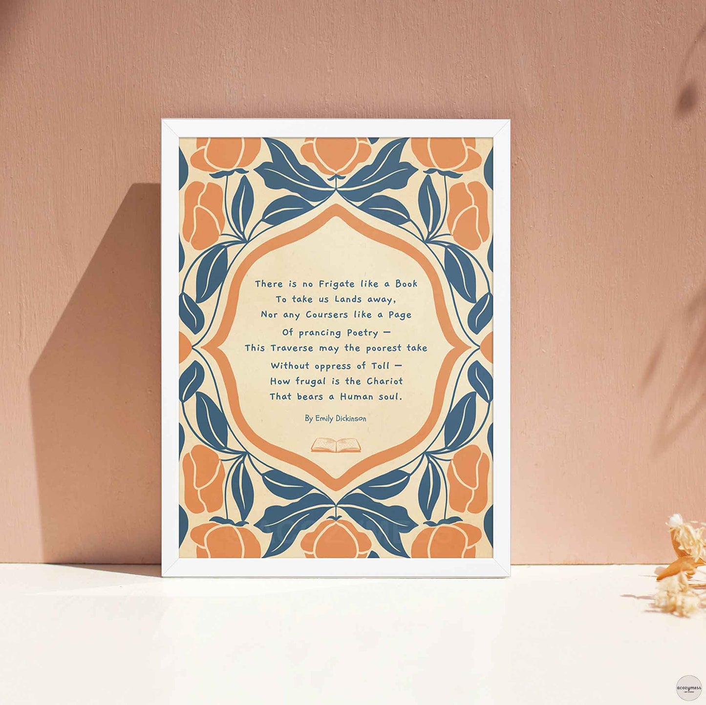 A vintage-style reading poster featuring the Emily Dickinson poem “There is no Frigate like a Book” with elegant abstract floral illustrations on a textured background, in white frame.